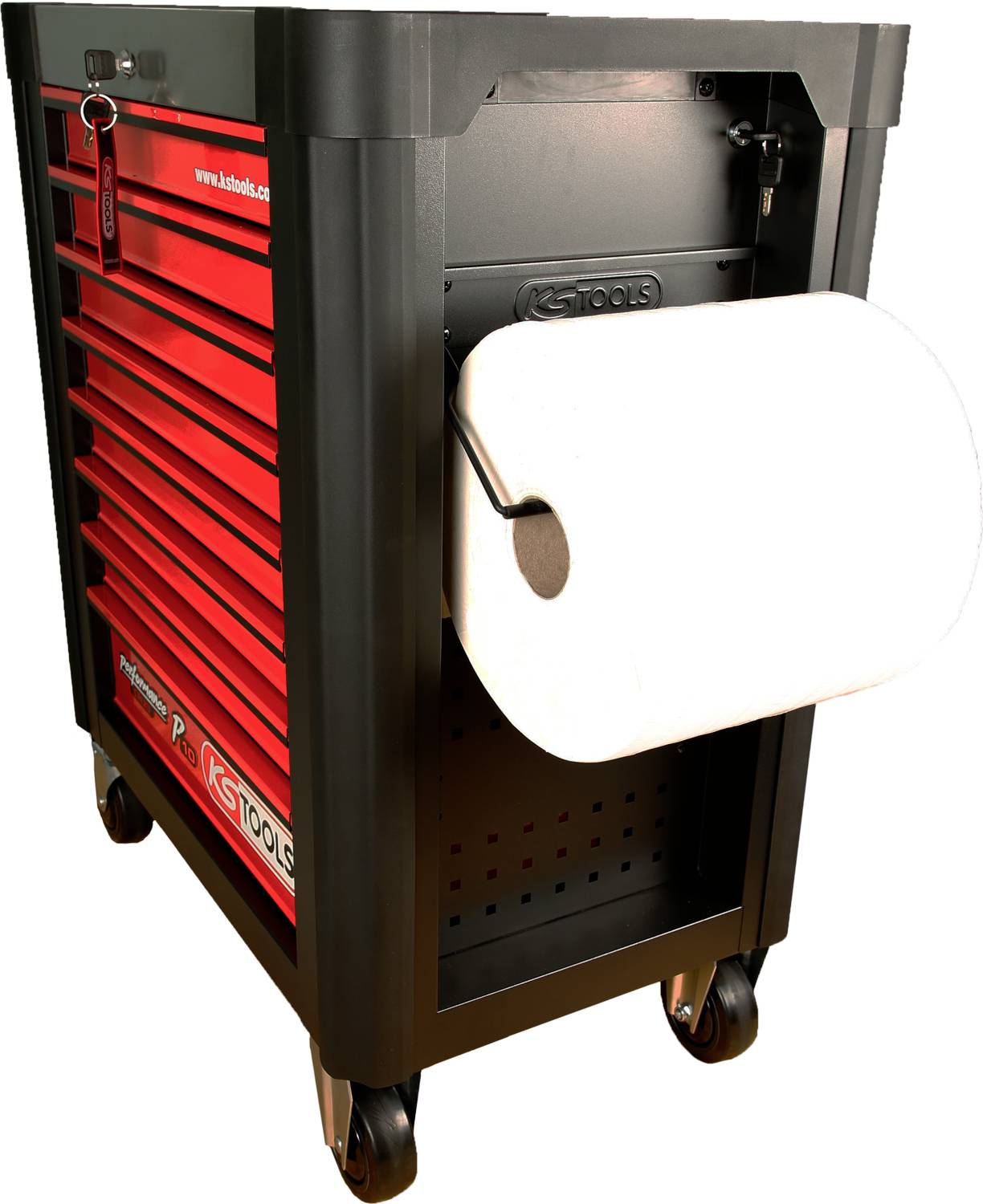 Werkzeugwagen mit roten Schubladen, schwarzem Rahmen und vier Rollen. Rechts ist ein großer Papierrollenhalter angebracht.