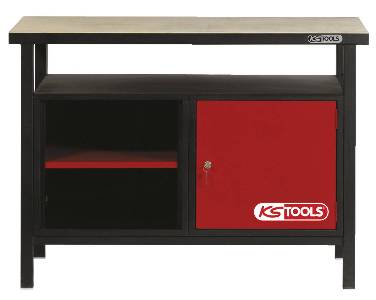 Werkbank aus Metall mit einem offenen Fach links und einem roten Schrank mit KS Tools-Logo rechts, auf stabilen Beinen.