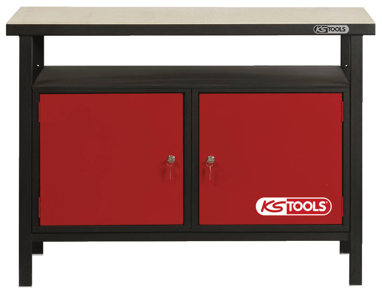 Eine schwarze Werkbank mit grauer Arbeitsplatte. Unten befinden sich zwei rote Schränke mit dem Logo 'KS TOOLS' auf der rechten Seite.