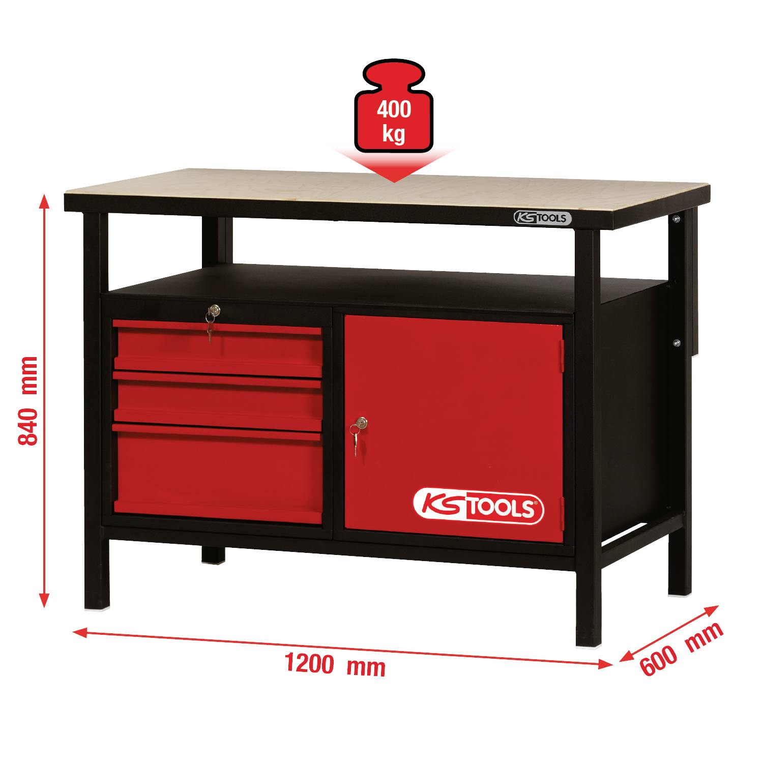 Arbeitstisch von KS Tools, Maße: 1200x600x840 mm, Tragkraft bis 400 kg. Enthält zwei Schubladen und einen abschließbaren Schrank.