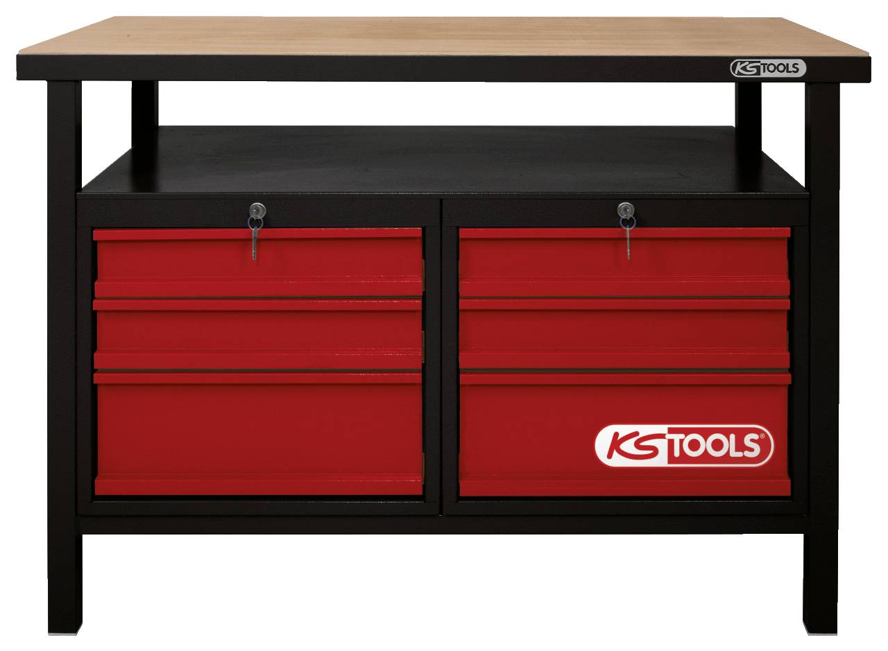 Schwarzer Werkzeugtisch mit Holzplatte. Zwei rote, abschließbare Schubladenschränke darunter. KS Tools-Logo auf Schrankfront.