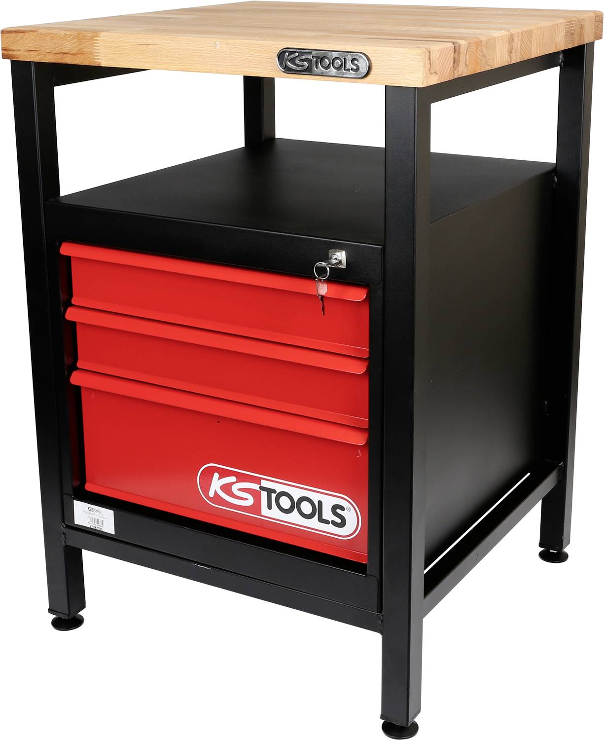 Schwarzer Werkstatttisch mit roter Schubladenbox und Holzplatte. Logo 'KS Tools' ist vorne sichtbar.