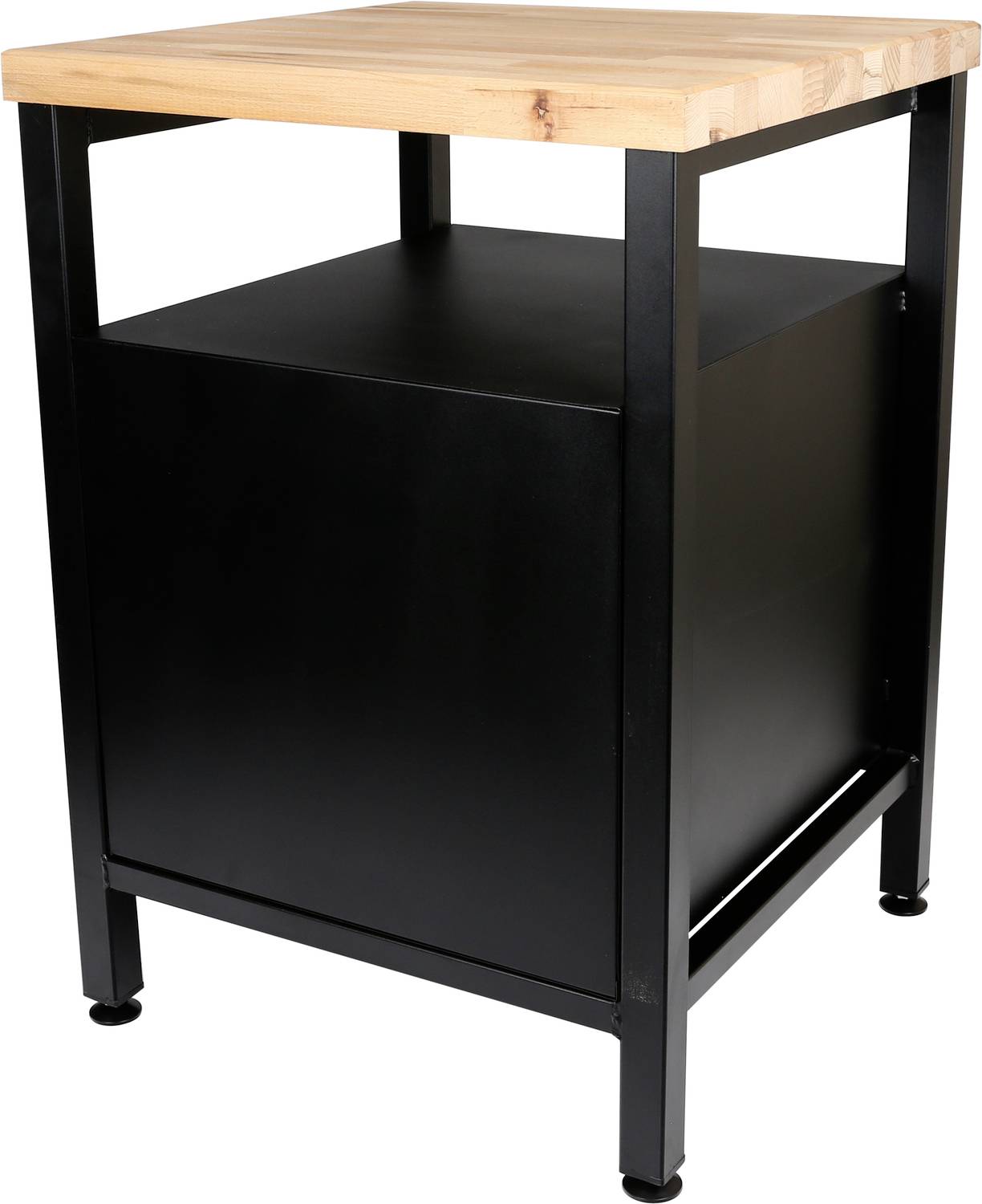 Kücheninsel mit Holztischplatte und schwarzem Metallrahmen. Unterhalb offener Stauraum. Schlichtes, modernes Design.
