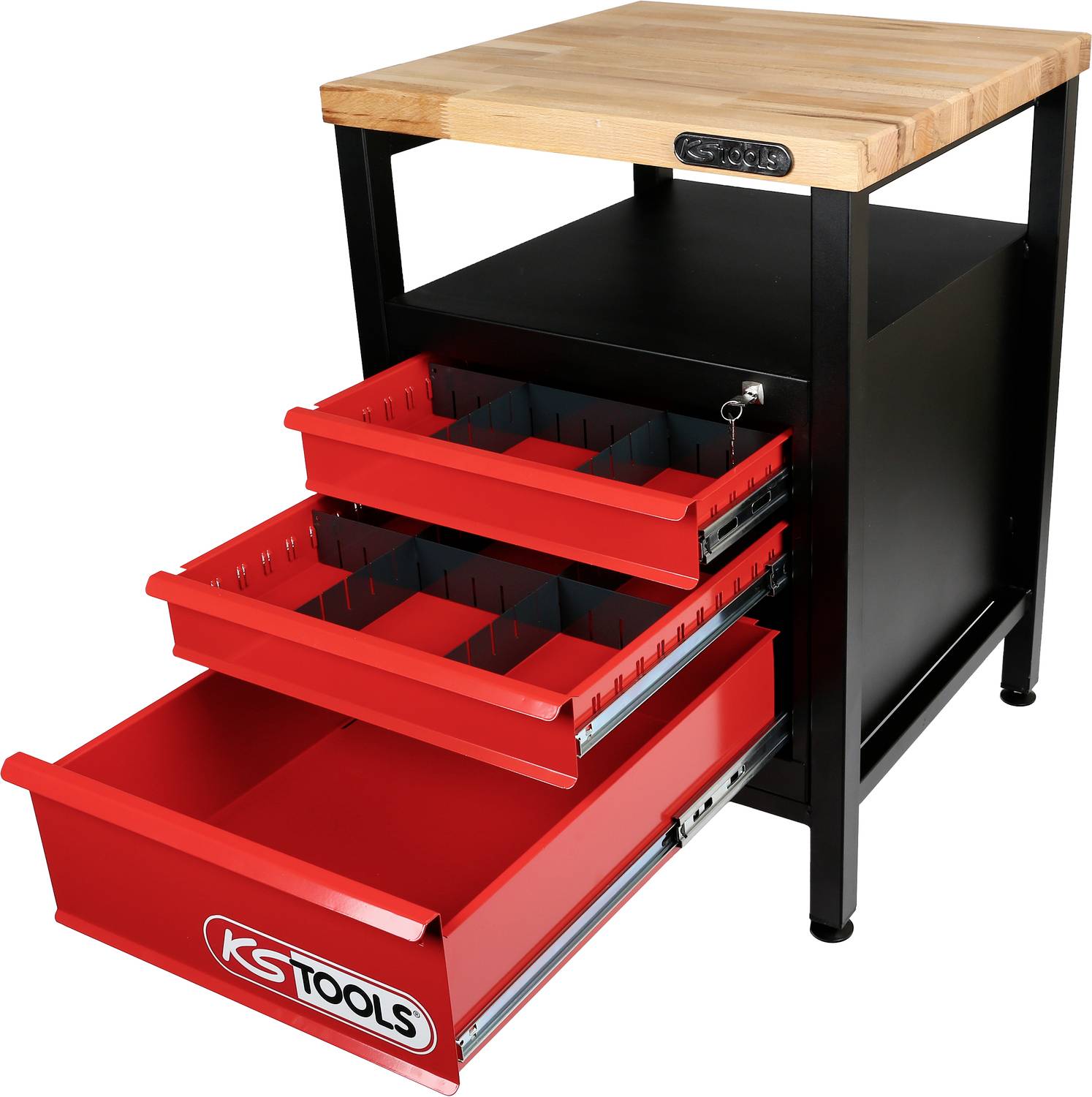 Werkzeugschrank aus Metall mit Holzplatte, drei offenen roten Schubladen mit 'KS Tools' Logo. Geeignet für Werkstattorganisation.