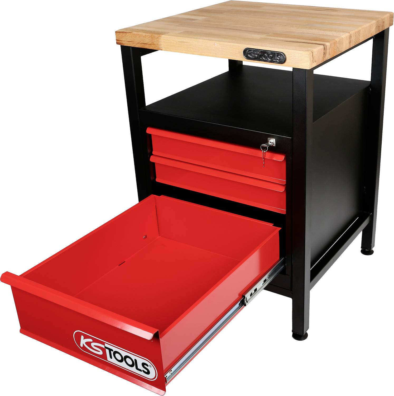 Werkzeugschrank mit Holzplatte, schwarzem Rahmen und zwei roten Schubladen, von denen die untere geöffnet ist, Markenlogo sichtbar.