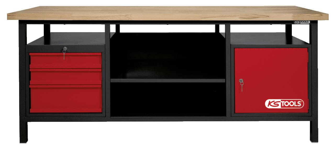 Werkbank mit Holzoberfläche, links zwei rote Schubladen, rechts roter Schrank mit 'KS TOOLS'-Logo, mittig offenes Regal.