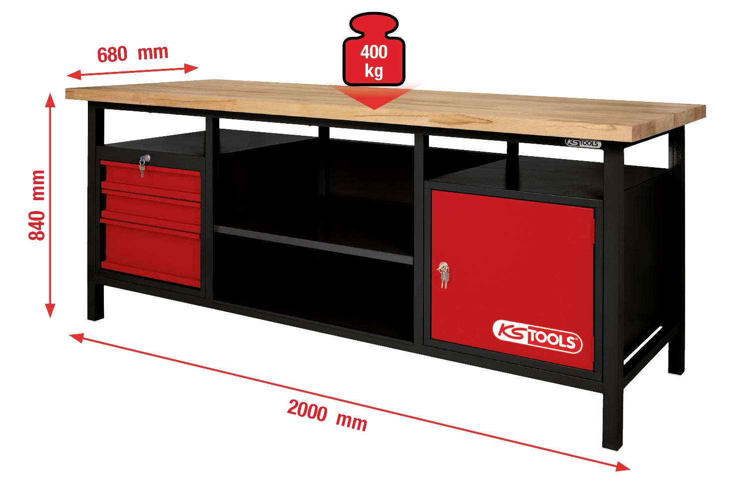 Werkbank aus Metall und Holz mit zwei Schubladen und Schrank, rot-schwarz. Abmessungen: 2000 mm x 680 mm x 840 mm. Maximale Belastung: 400 kg.
