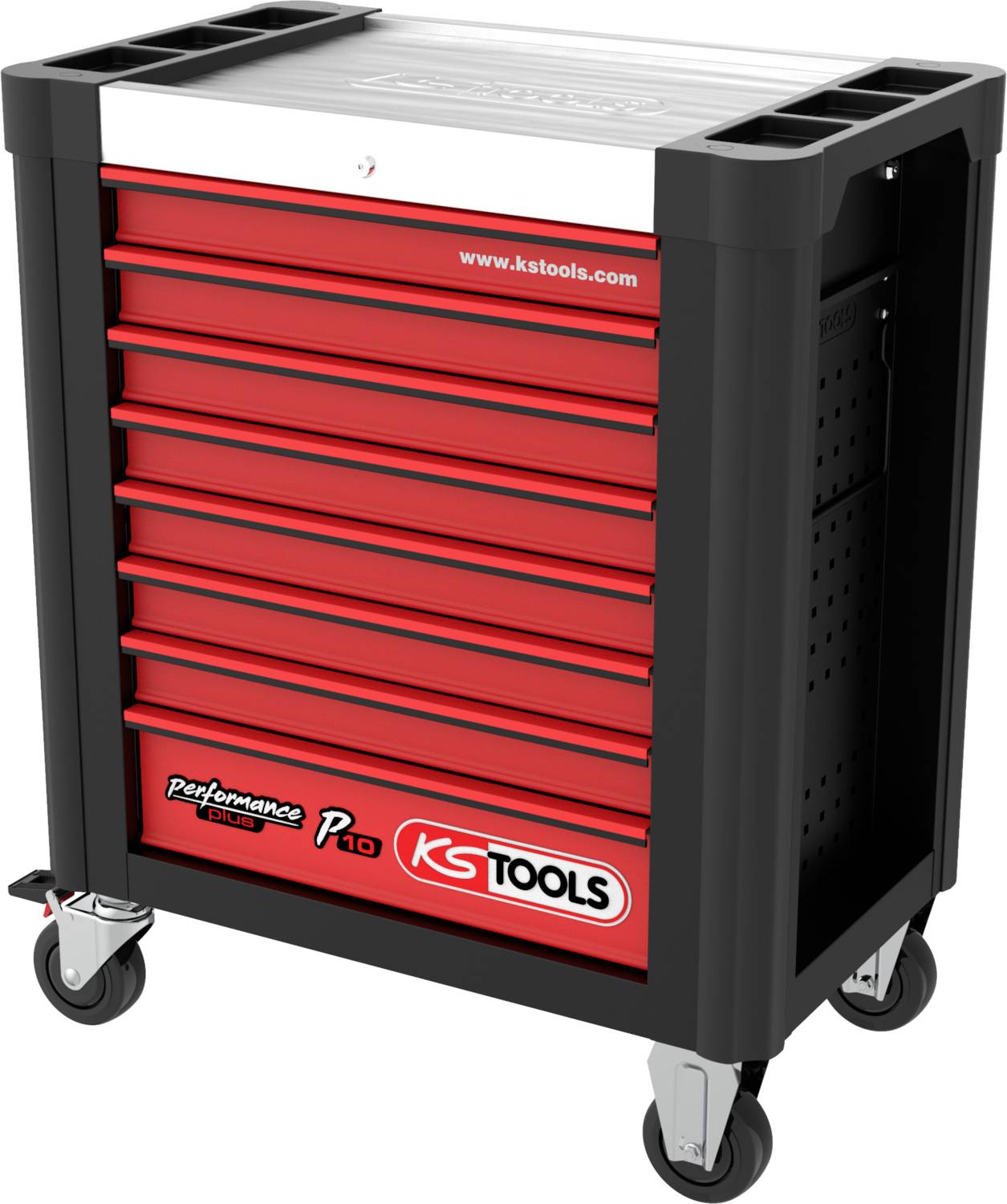 Roter Werkzeugwagen auf Rollen mit mehreren Schubladen und schwarzem Rahmen. Oben ist eine Metallplatte. Text: 'KS Tools'.