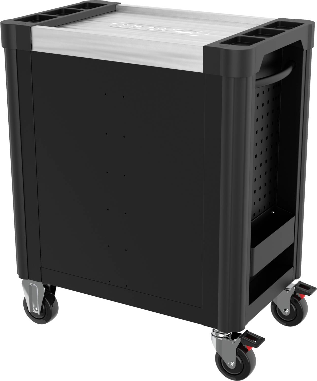 Ein schwarzer Rollwagen mit vier Rädern und Griffen, geeignet zur Aufbewahrung und zum Transport von Gegenständen.