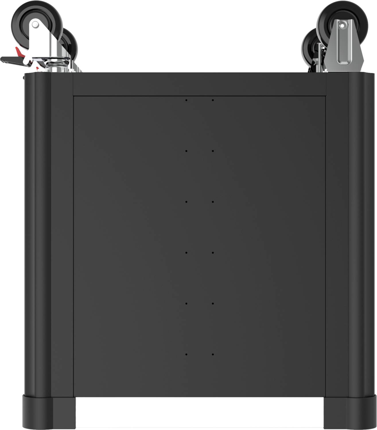 Ein schwarzer, rechteckiger Rollwagen von oben gezeigt, mit vier sichtbaren Rädern und zwei Bremsen an der linken Seite.