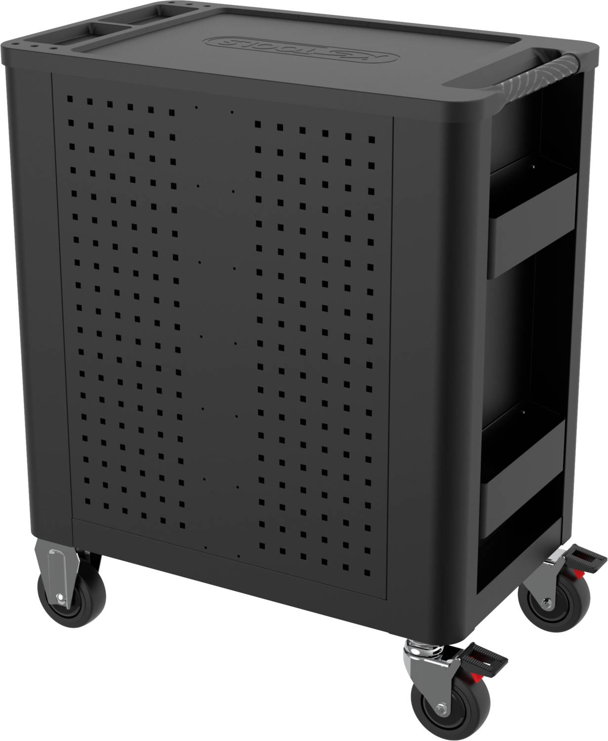 Schwarzer mobiler Rollcontainer mit Löchern an den Seiten und zwei offenen Fächern rechts. Vier Räder unten, zwei davon mit Bremsen.