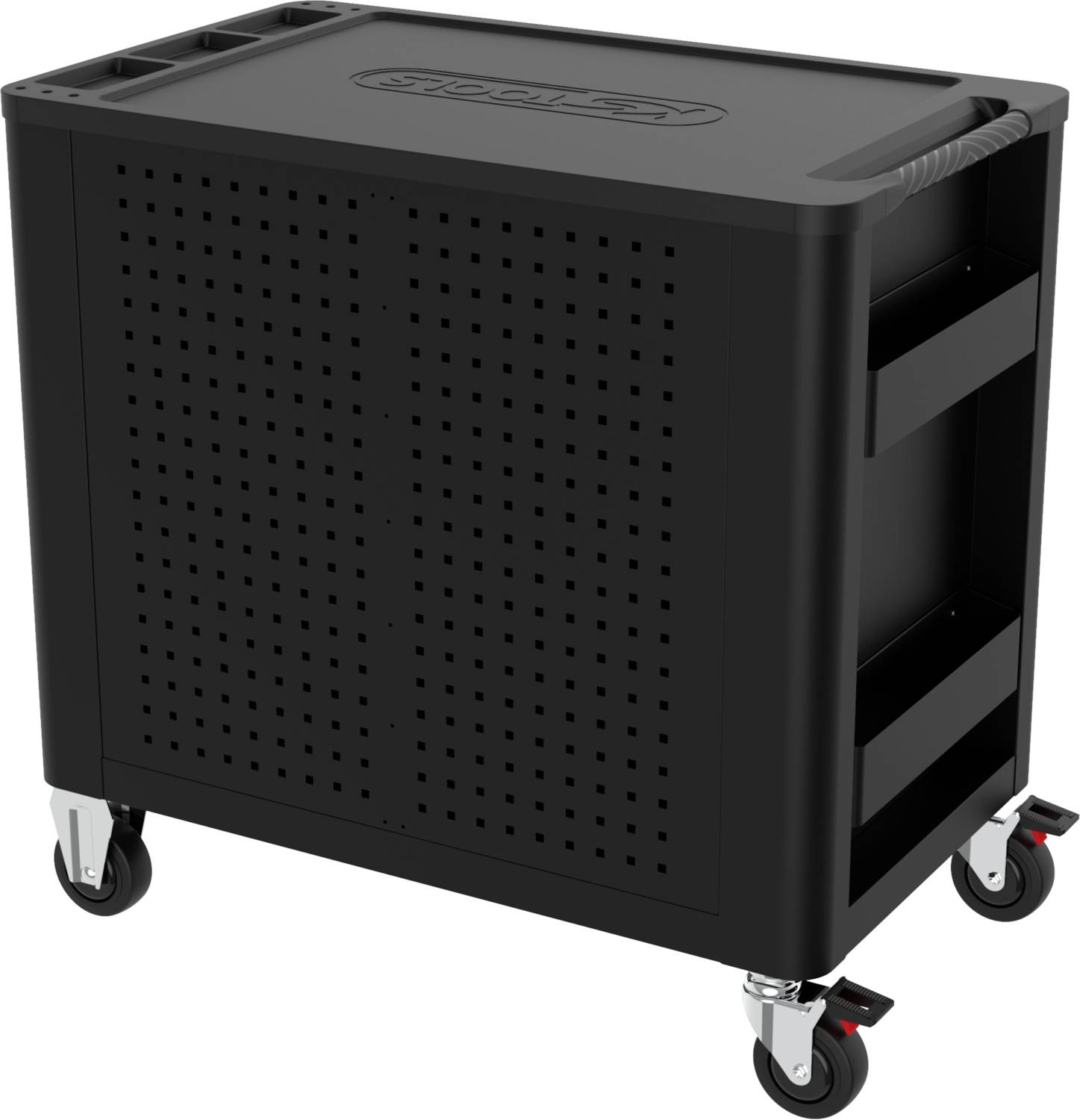 Ein mobiler schwarzer Werkzeugwagen mit vier Rädern, perforierten Seiten und mehreren Fächern zur Aufbewahrung von Werkzeugen.