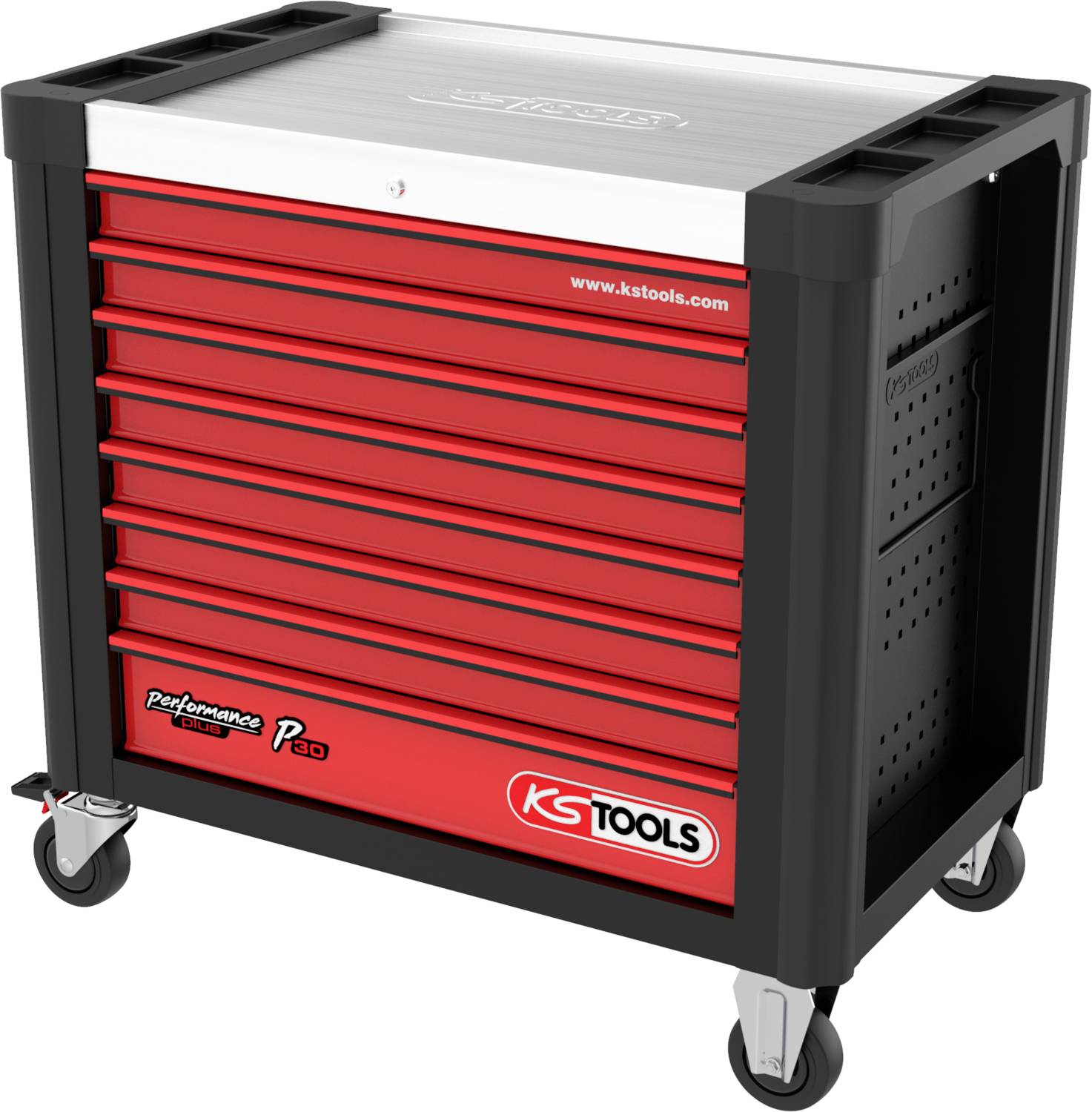 Roter Werkzeugwagen mit sieben Schubladen und schwarzem Rahmen, auf Rollen. Markenname 