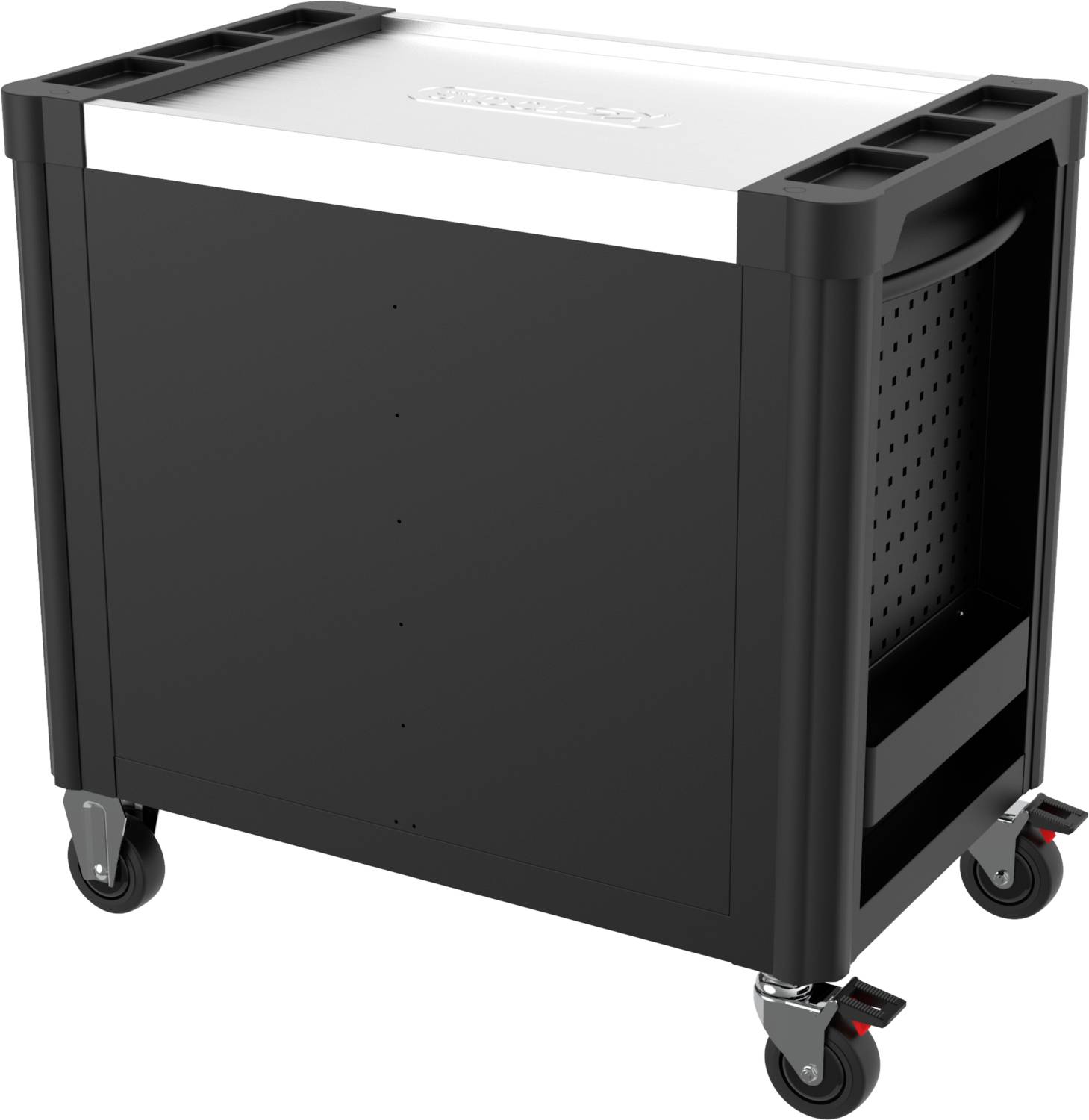 Schwarzer Rollcontainer mit vier Rollen, Metalloberfläche und perforierter Seite; dient zur Lagerung oder zum Transport von Gegenständen.