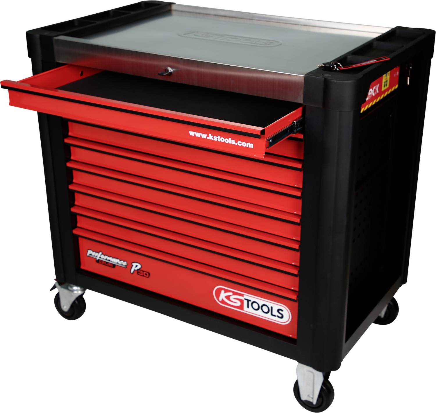 Roter Werkzeugwagen mit sieben Schubladen, teilweise geöffnet. Markenlogo 'KS Tools' auf der Vorderseite. Mobil auf vier Rädern.