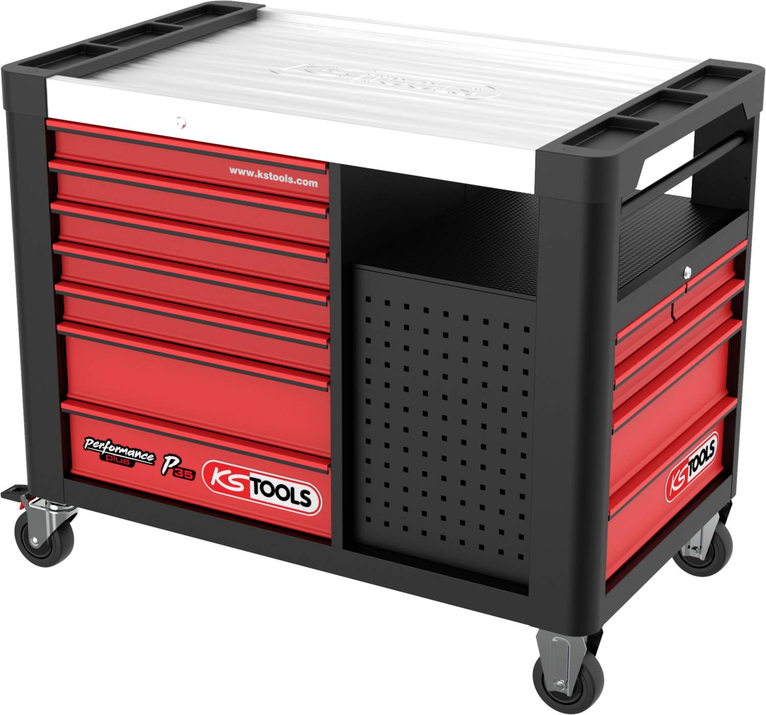 Roter Werkstattwagen mit neun Schubladen, seitlichem Fach, auf Rollen. Markenlogo 