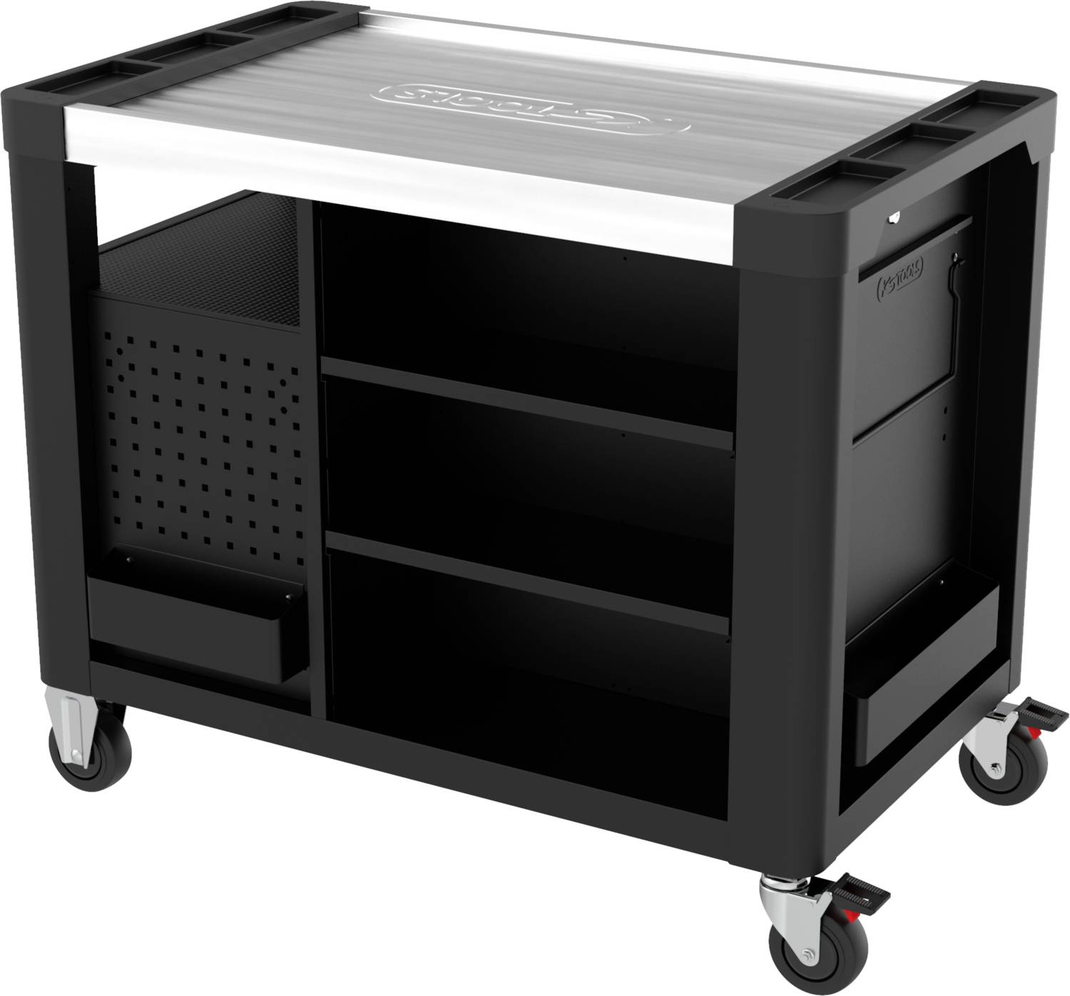 Schwarzer Werkzeugwagen mit vier Rollen, mehreren offenen Fächern und Ablageflächen. Ideal für die Organisation von Werkzeugen.
