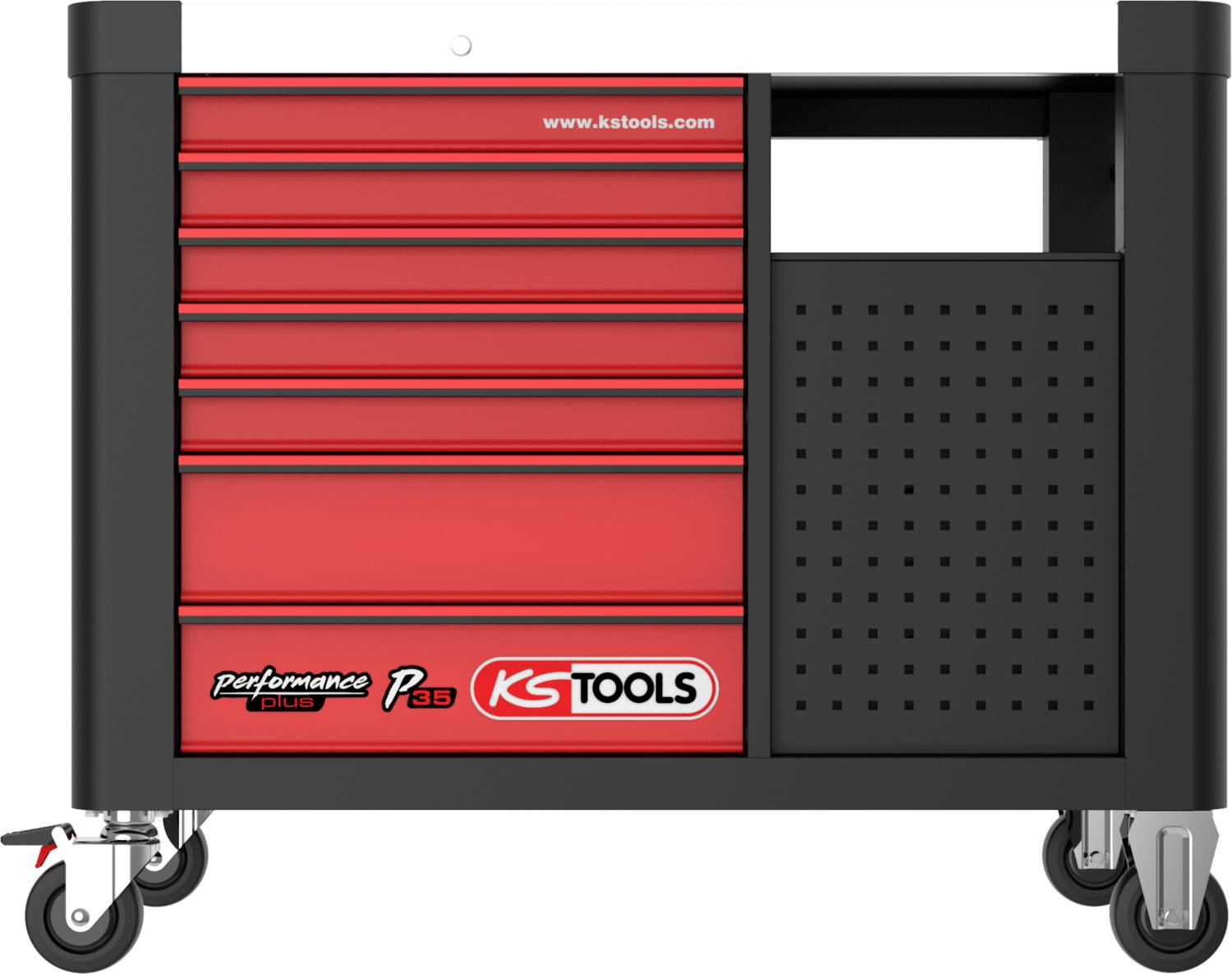Roter Werkstattwagen mit sechs Schubladen und einem perforierten Fach auf der rechten Seite, steht auf Rollen und trägt die Aufschrift 'KS Tools'.