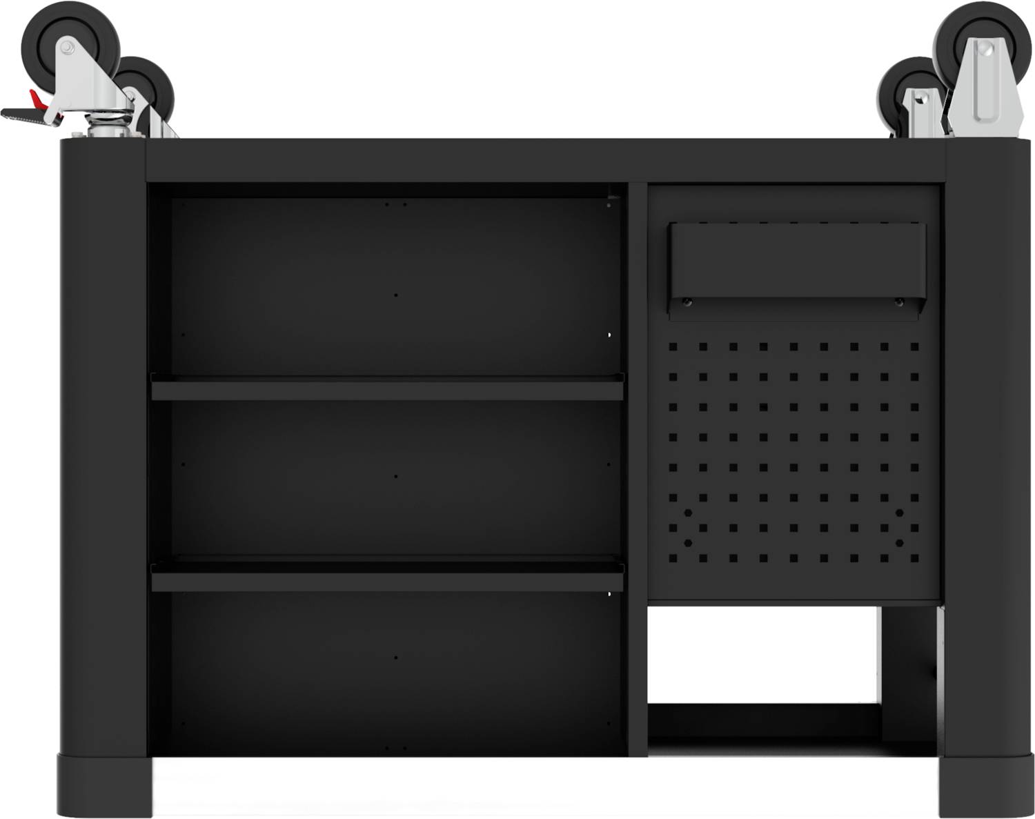 Schwarzer mobiler Arbeitstisch mit Rädern, zwei offenen Regalfächern und einer perforierten Schubladenfront auf der rechten Seite.