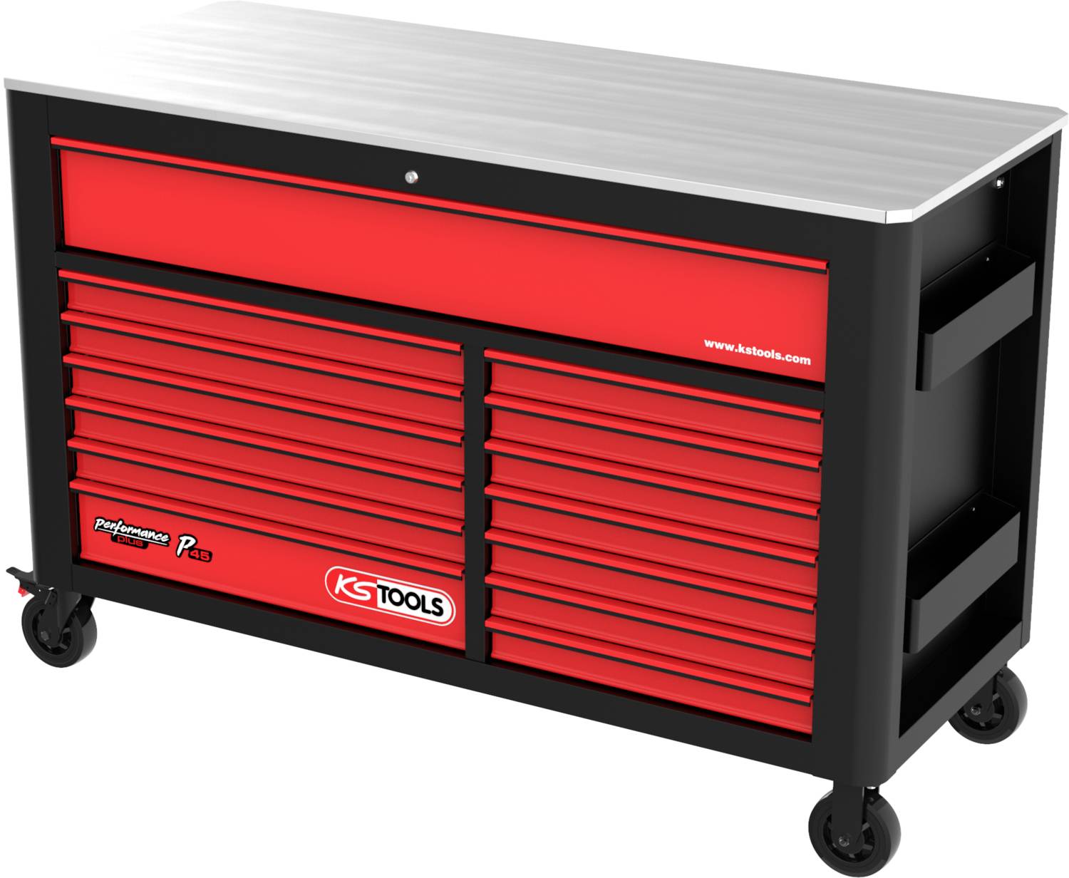 Rollbare Werkzeugkiste mit rotem und schwarzem Design, mehreren Schubladen und metallener Oberfläche, geeignet für Werkstattgebrauch.