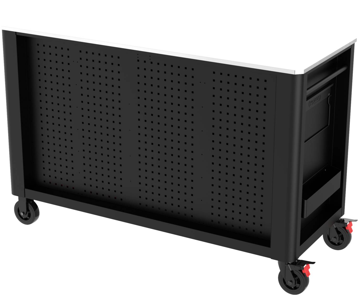 Schwarzer, rollbarer Kasten mit Lochmuster an der Seite und rotem Verschluss. Der Kasten hat Räder und eine seitliche Tasche für Werkzeuge.