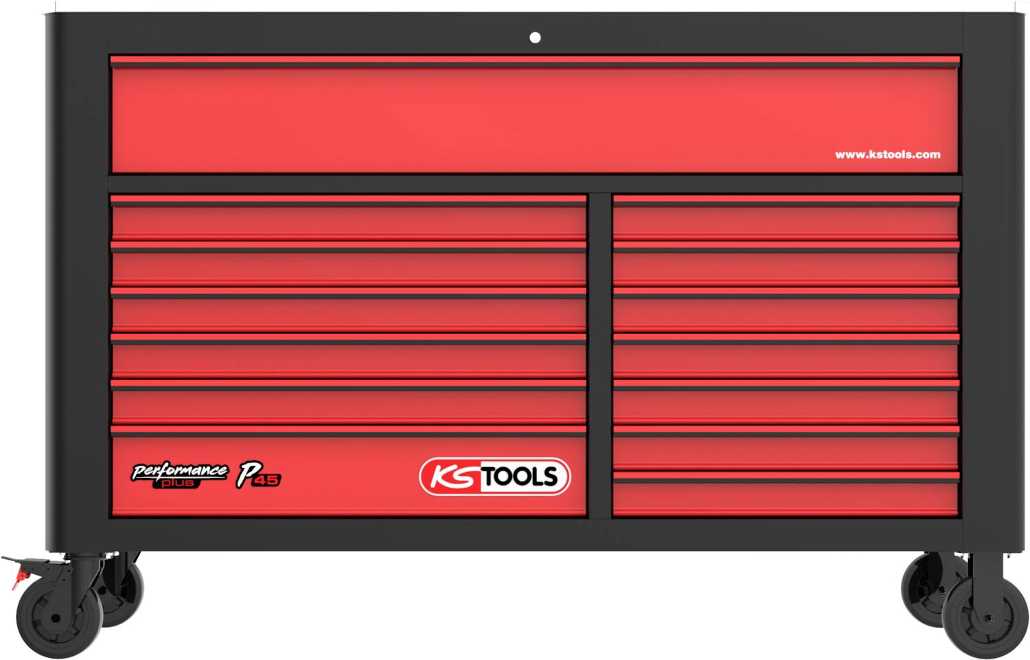 Großer roter Werkstattwagen mit mehreren Schubladen. Vier Räder zur Mobilität. Markenlogo 'KS Tools' auf der Vorderseite rechts.