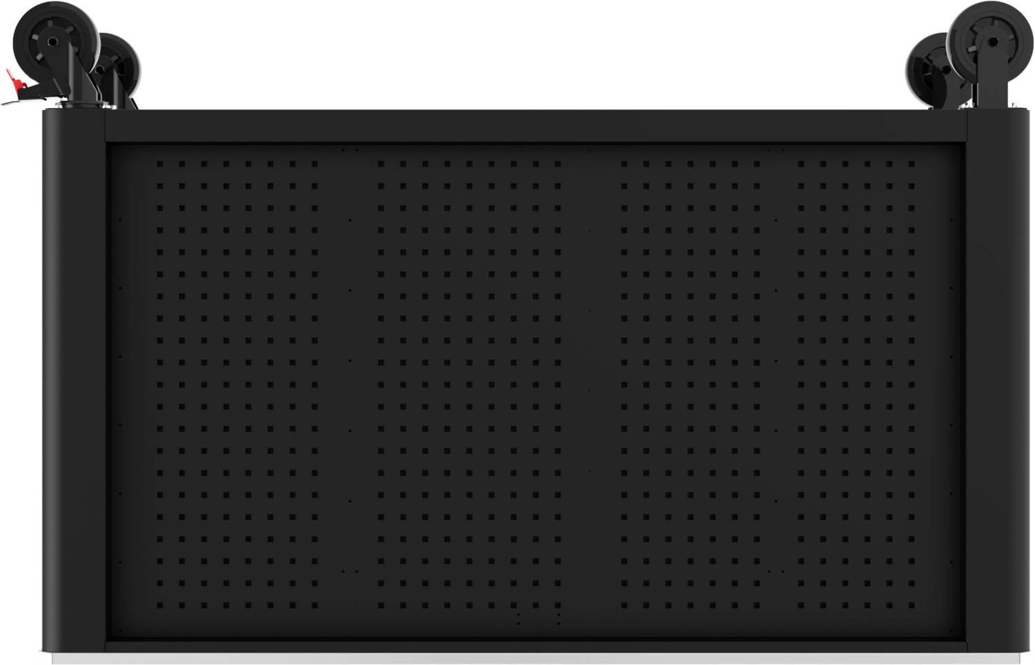 Schwarzes rechteckiges Gerät, von oben gesehen, mit vier Rädern an den Ecken. Perforiertes Muster in der Mitte.