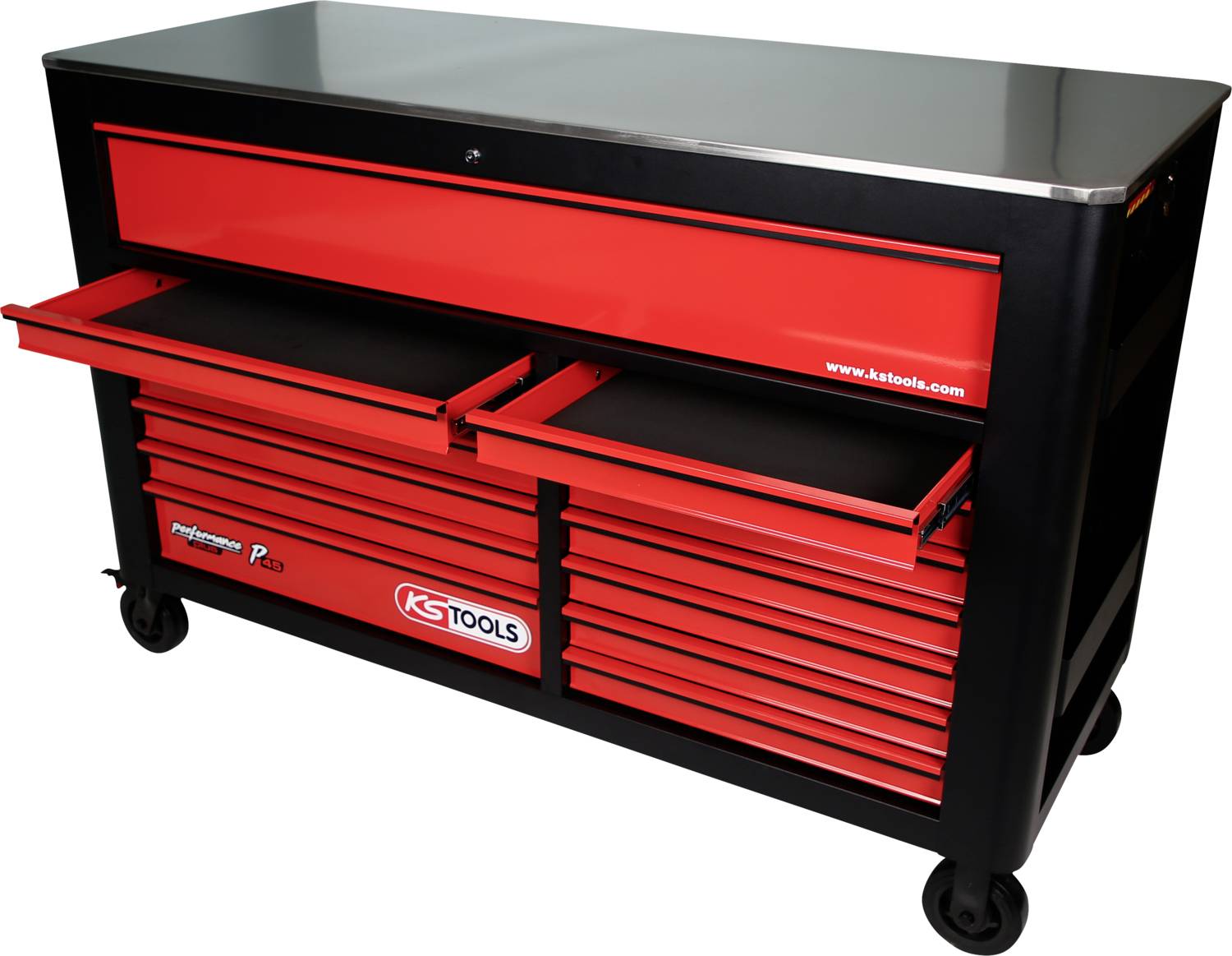 Roter Werkzeugwagen mit mehreren Schubladen auf Rollen, geeignet zur Lagerung von Werkzeugen in Werkstätten oder Garagen.