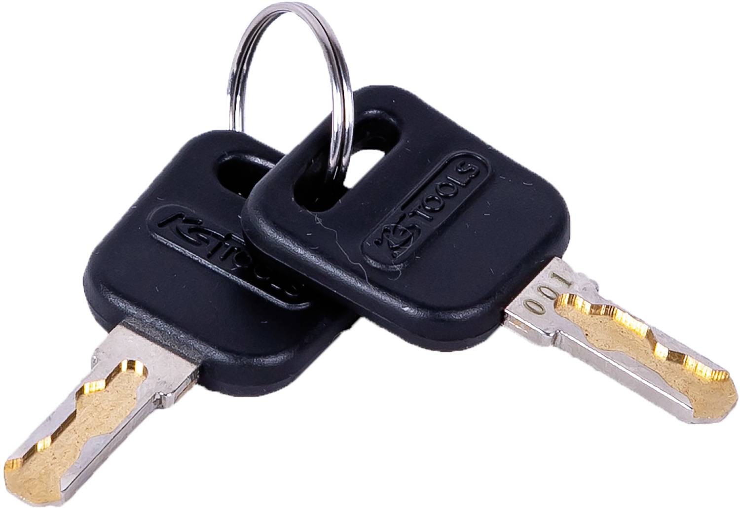 Zwei schwarze Sicherheitsschlüssel mit goldenen Klingen und Schlüsselring auf weißem Hintergrund.