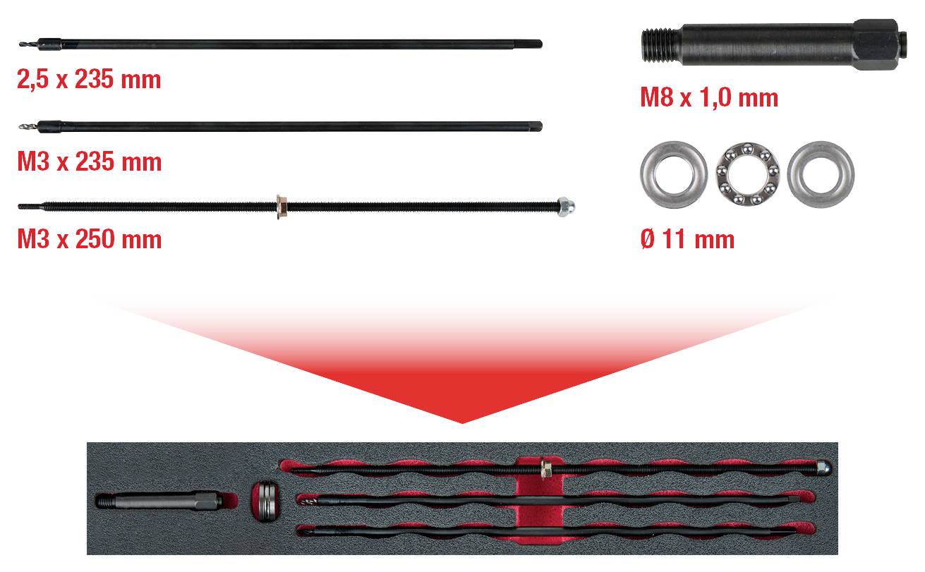 Satz von Stäben und Ringen in verschiedenen Größen. Enthalten: Stäbe 2,5 x 235 mm, M3 x 235 mm, M3 x 250 mm; Ringe M8 x 1,0 mm, ⌀ 11 mm.