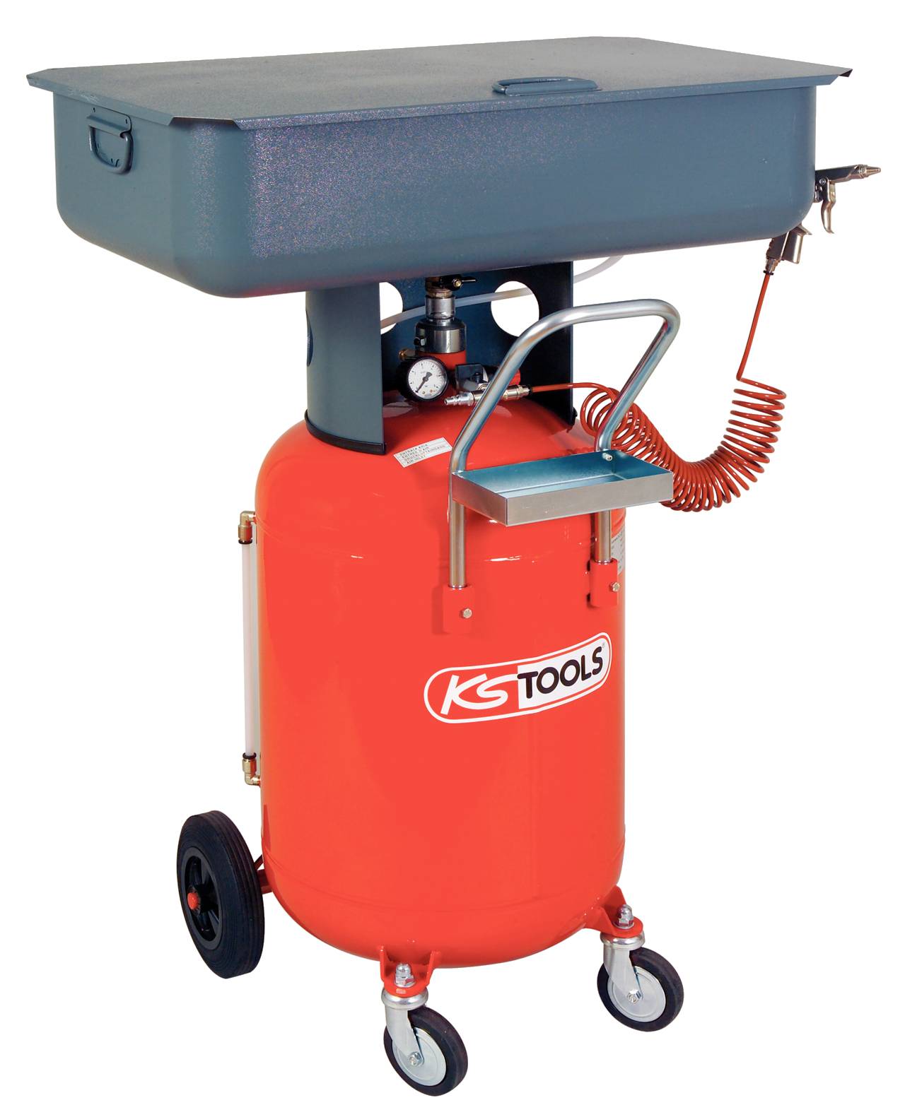 Mobiler Teilewaschtisch mit rotem Zylinder und KS Tools-Logo, ausgestattet mit Rollen, einem Wasserbecken oben und einem Druckmesser.