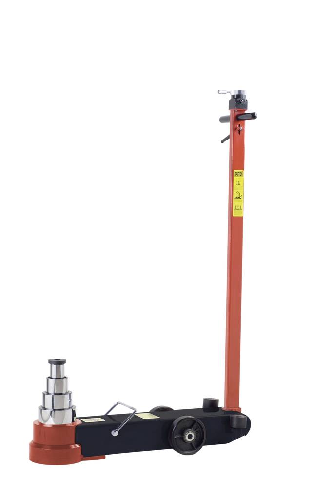 Ein hydraulischer Wagenheber mit roter Hebeanlage und schwarzer Basis, auf kleinen Rädern montiert, geeignet zum Anheben schwerer Fahrzeuge.