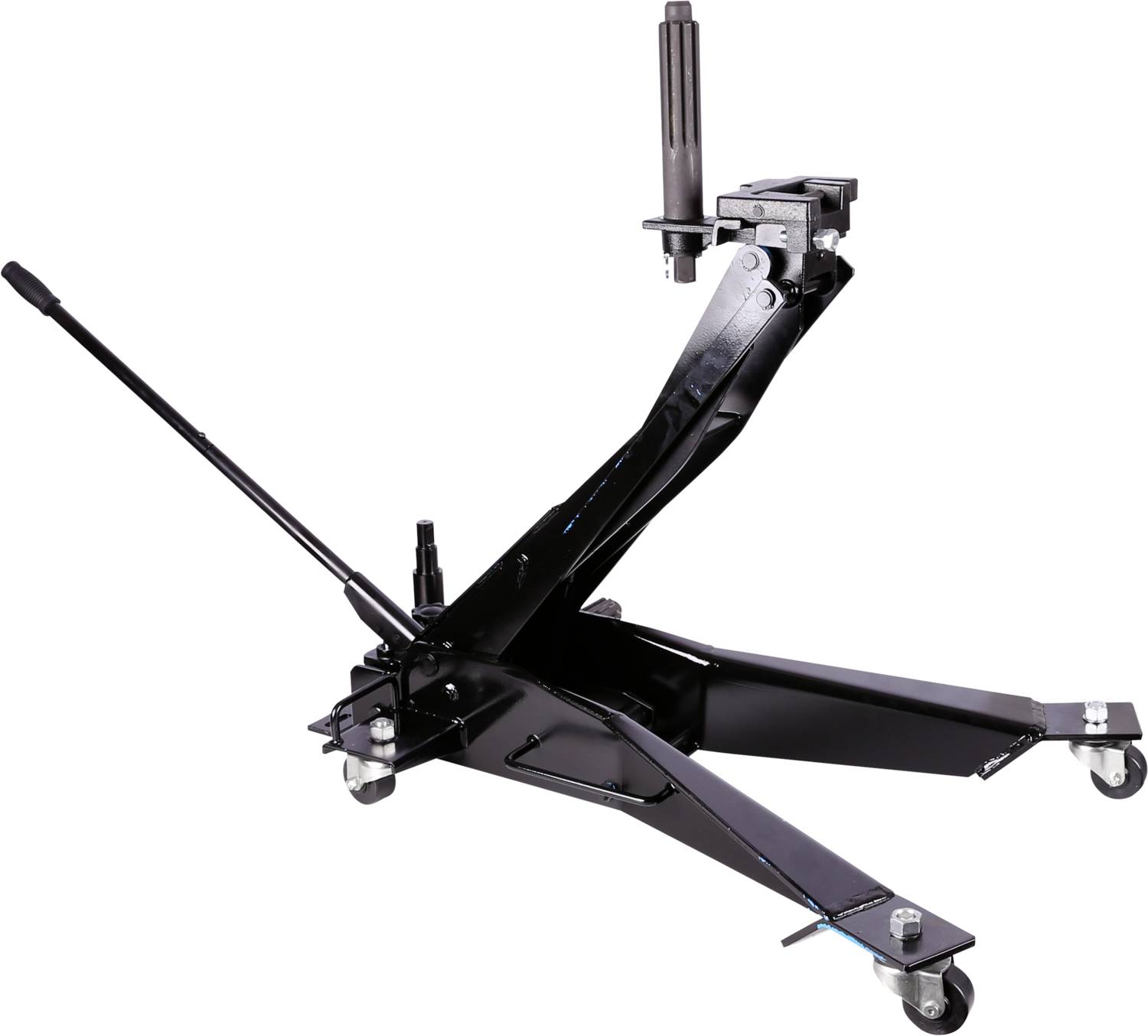 Schwarzer Getriebeheber mit Hebelar, Rollen und verstellbarem Arm, ermöglicht das Heben von schweren Fahrzeuggetrieben in Werkstätten.