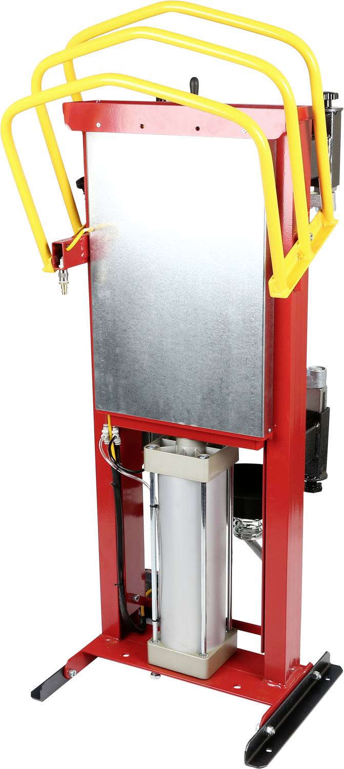 Rote und gelbe hydraulische Maschine mit vertikalem Metallpaneel und Zylinder, verwendet für industrielle Anwendungen.