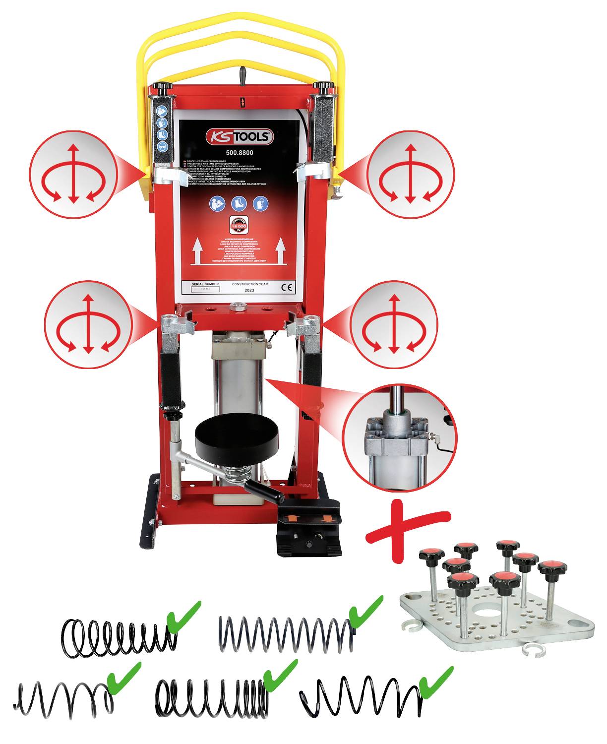 Ein Federspanner wird gezeigt, um Autotechnik-Teile zu komprimieren. Details an der Maschine sind hervorgehoben, um Funktionalität zu demonstrieren.