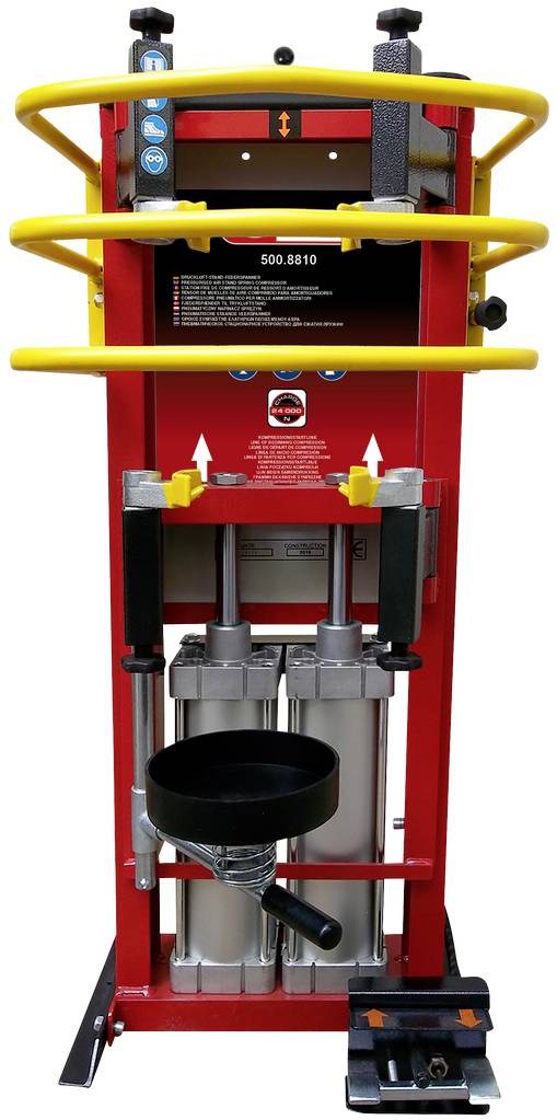 Eine rote, vertikale industrielle Presse-Maschine mit gelben Sicherheitsbügeln und schwarzen Bedienelementen, verwendet für Kompression.