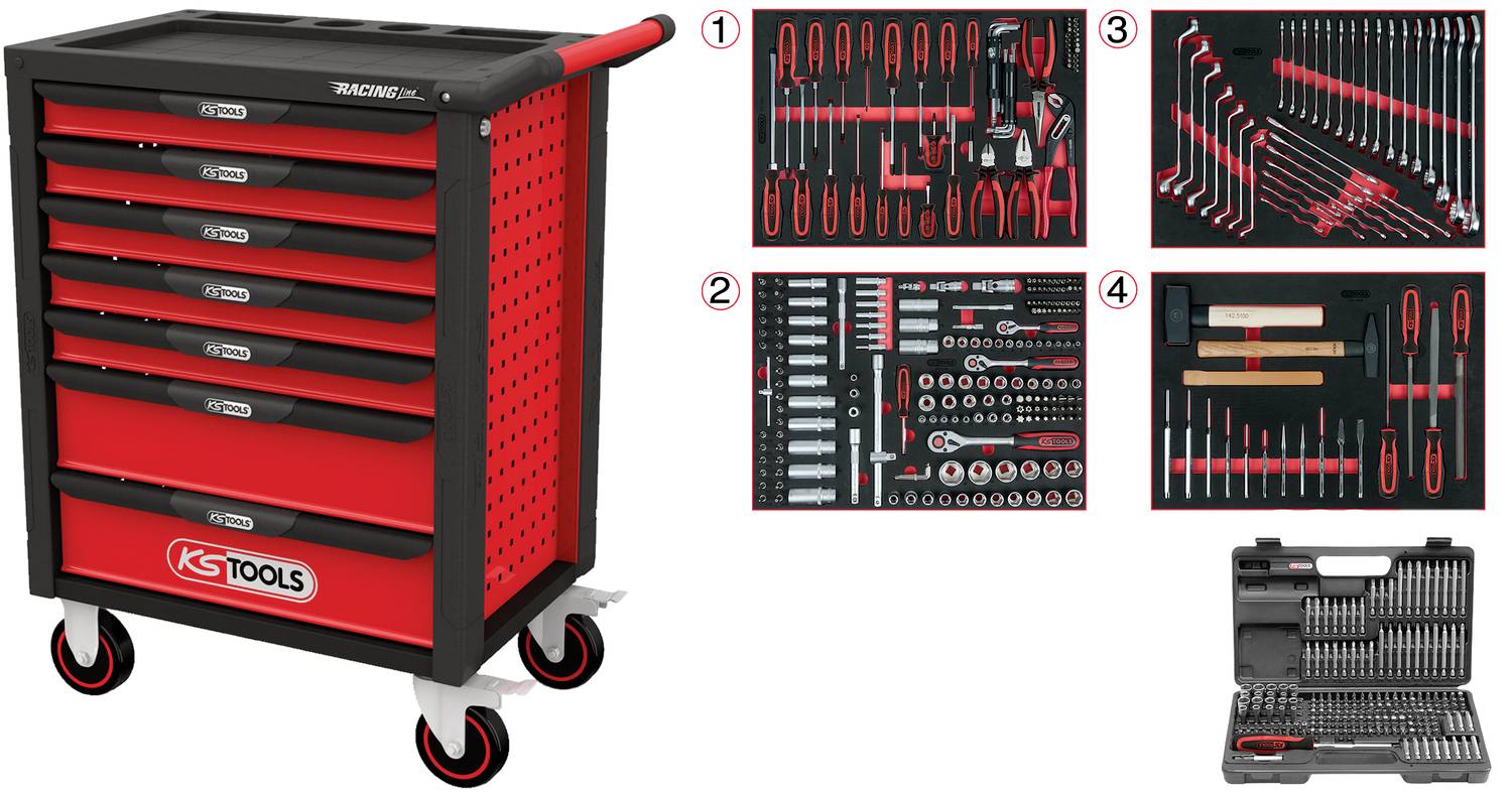 Werkzeugwagen mit sieben Schubladen, gefüllt mit verschiedenen Handwerkzeugen, dargestellt in vier separaten Detailansichten.