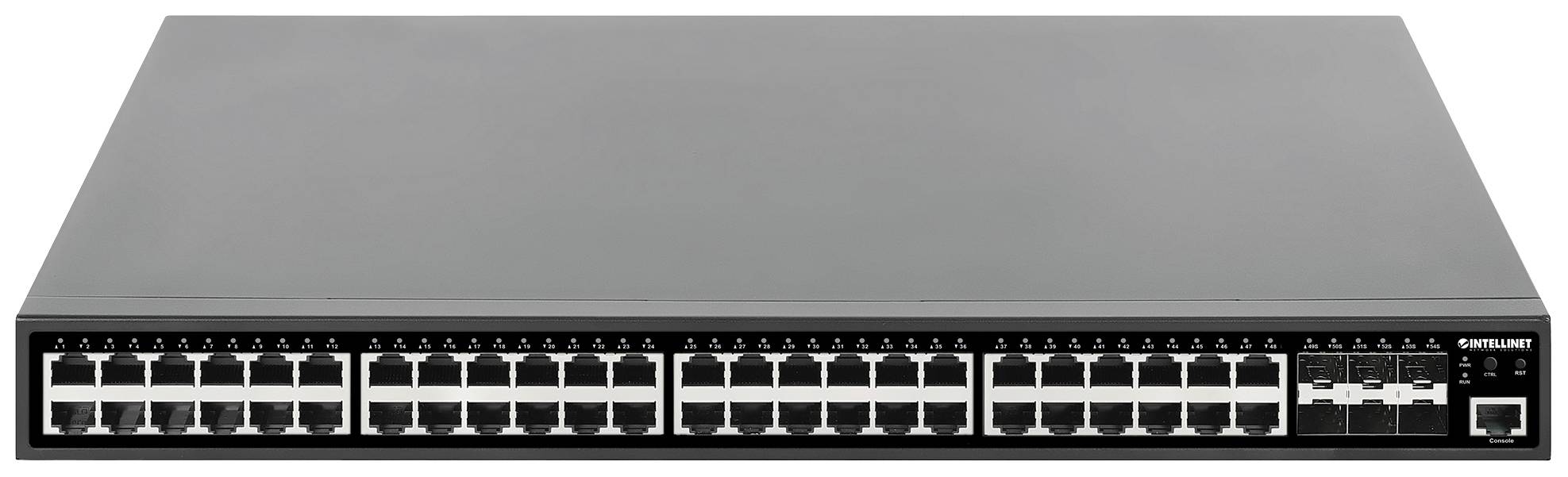 Ein schwarzer Netzwerk-Switch mit 48 Ethernet-Ports und zusätzlichen SFP-Ports an der rechten Seite, geeignet für große Netzwerke.