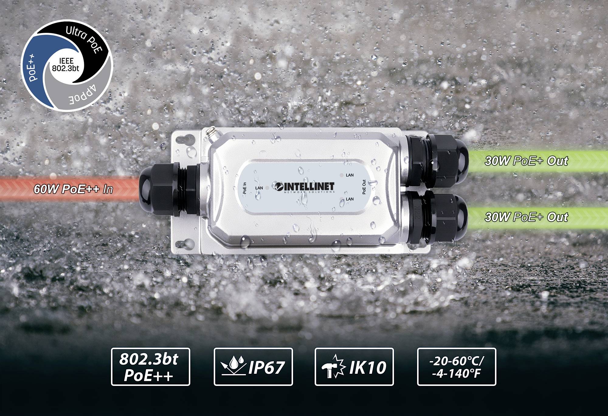 Intellinet 2-Port Outdoor Gigabit PoE Extender 10 / 100 / 1000MBit/s IEEE 802.3bt, IEEE802.3af (15.4 W), IEEE802.3at (30 W)
