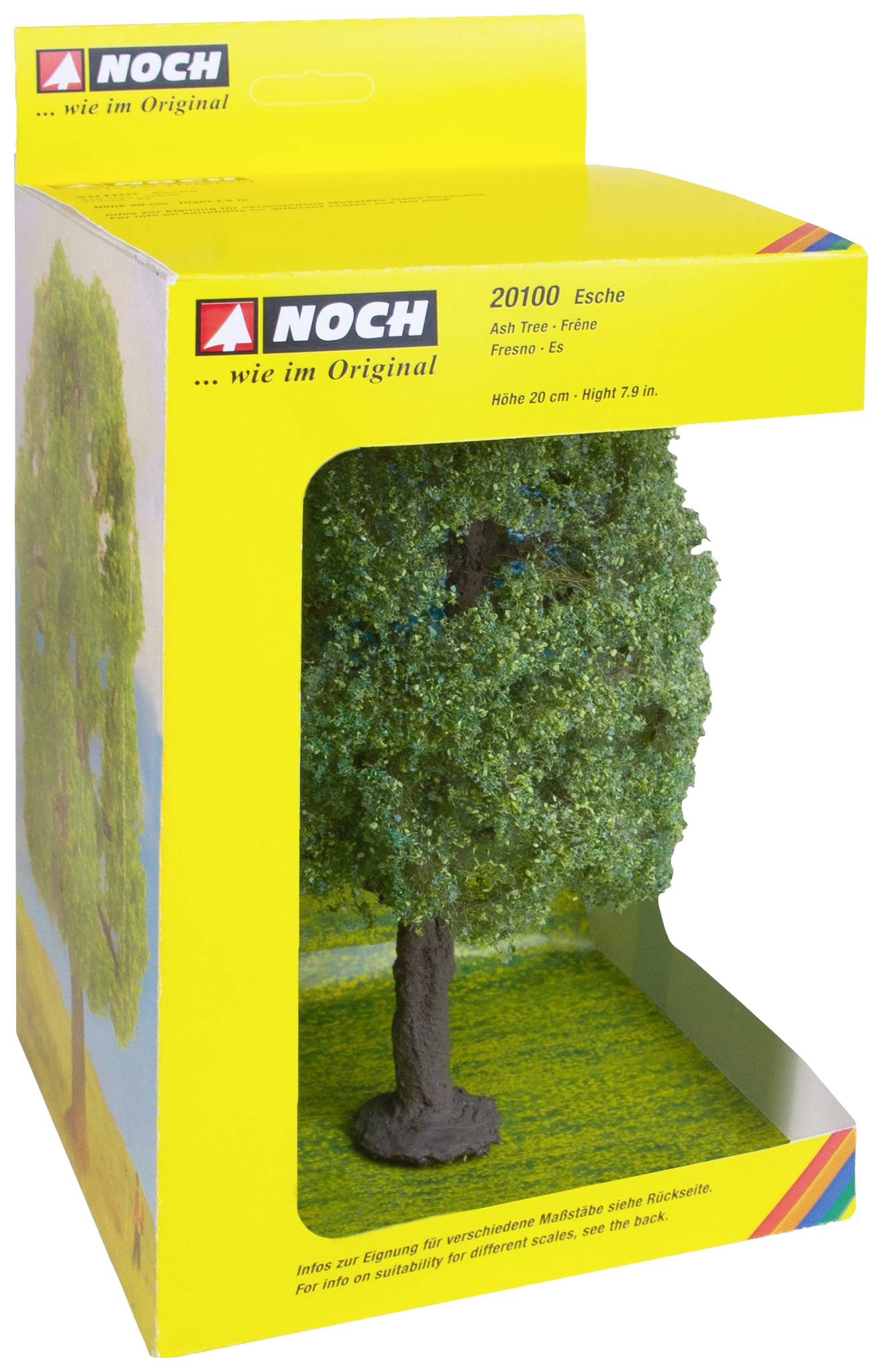Eine Modellbaumesche im Maßstab 1:87, verpackt in einer gelben Schachtel mit Sichtfenster. Die Box ist mit 'NOCH' und 'Esche' beschriftet.
