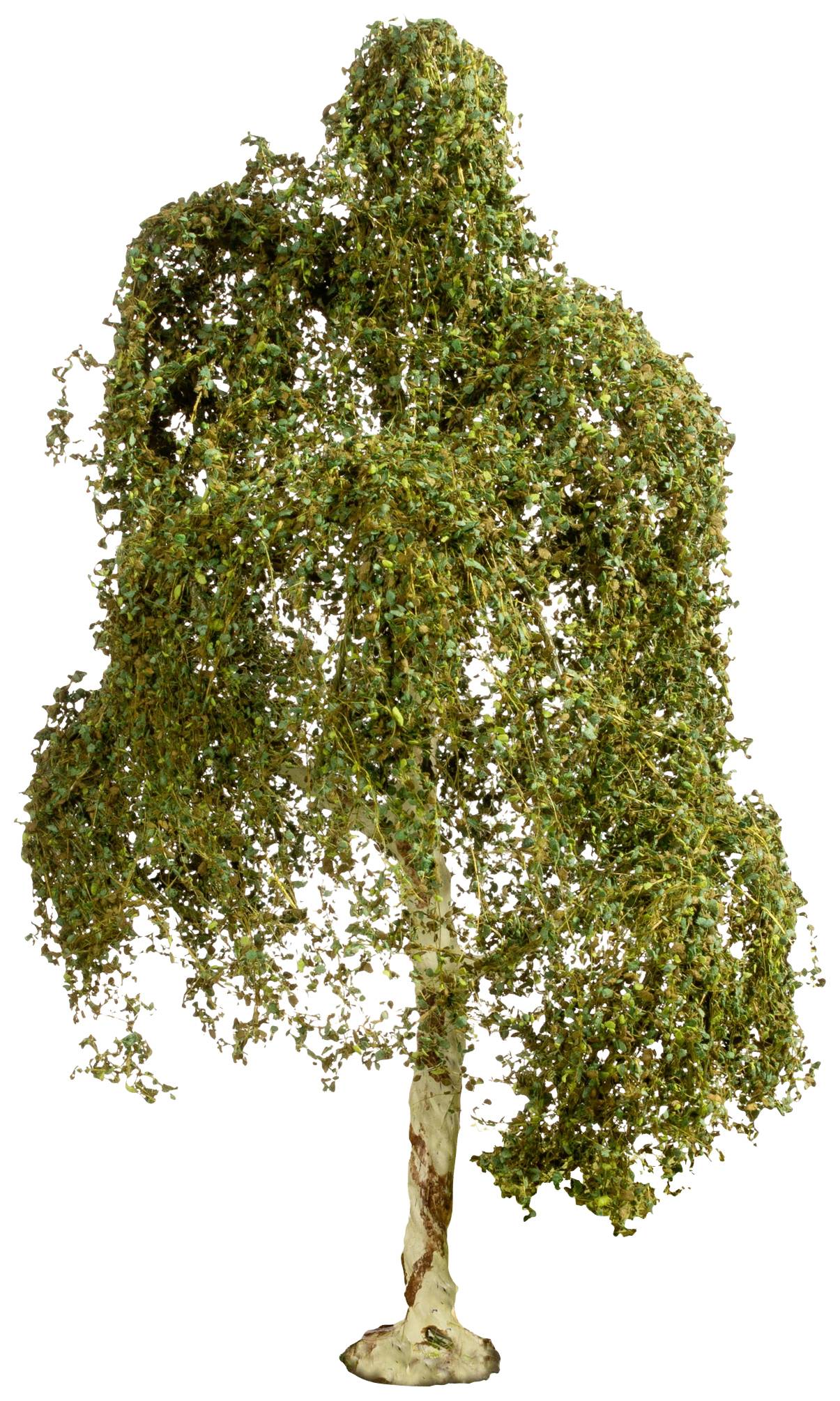 Eine Modellbaumstruktur mit hängenden Zweigen und grüner Belaubung, die dekorative Landschaftsgestaltung darstellen könnte.