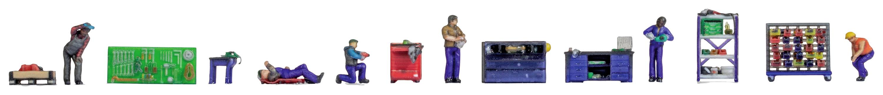 Kleine Figuren von Arbeitern bei der Arbeit mit verschiedenen Werkzeugen und Ausrüstungen, darunter ein Werkbank und eine Werkzeugkiste.