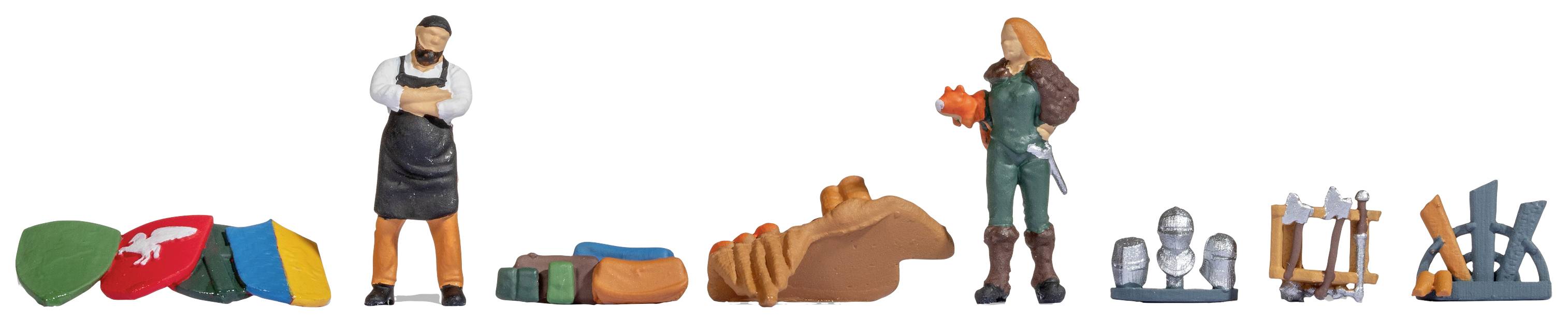 Zwei Spielfiguren: links ein Mann mit Schürze, rechts eine Frau mit Helm und Axt. Dazwischen und daneben bunte Spielmarker und Miniaturgegenstände.