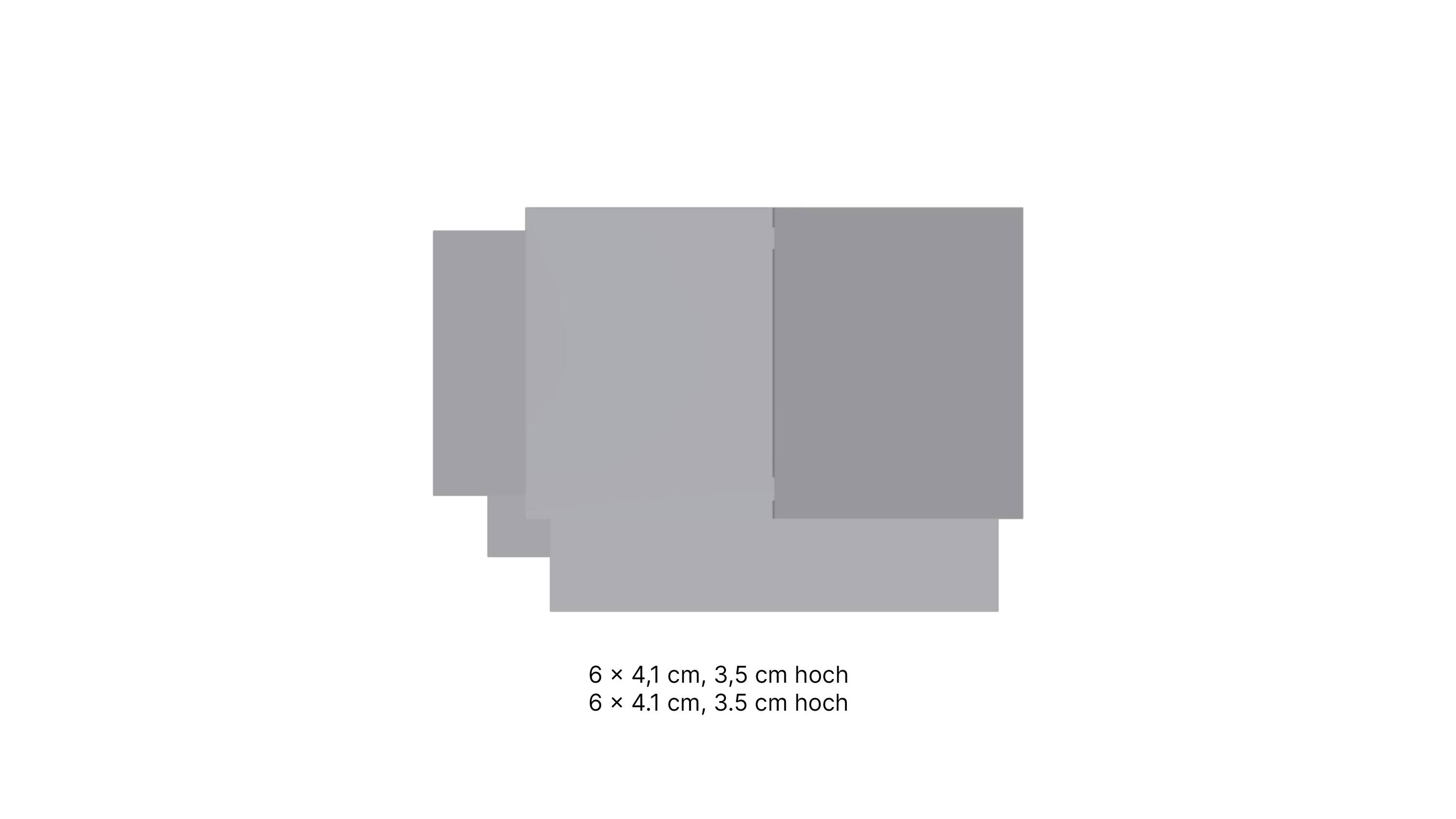 Graustufen-Illustration von drei überlappenden Rechtecken, jedes mit den Maßen 6 x 4,1 cm und 3,5 cm hoch.
