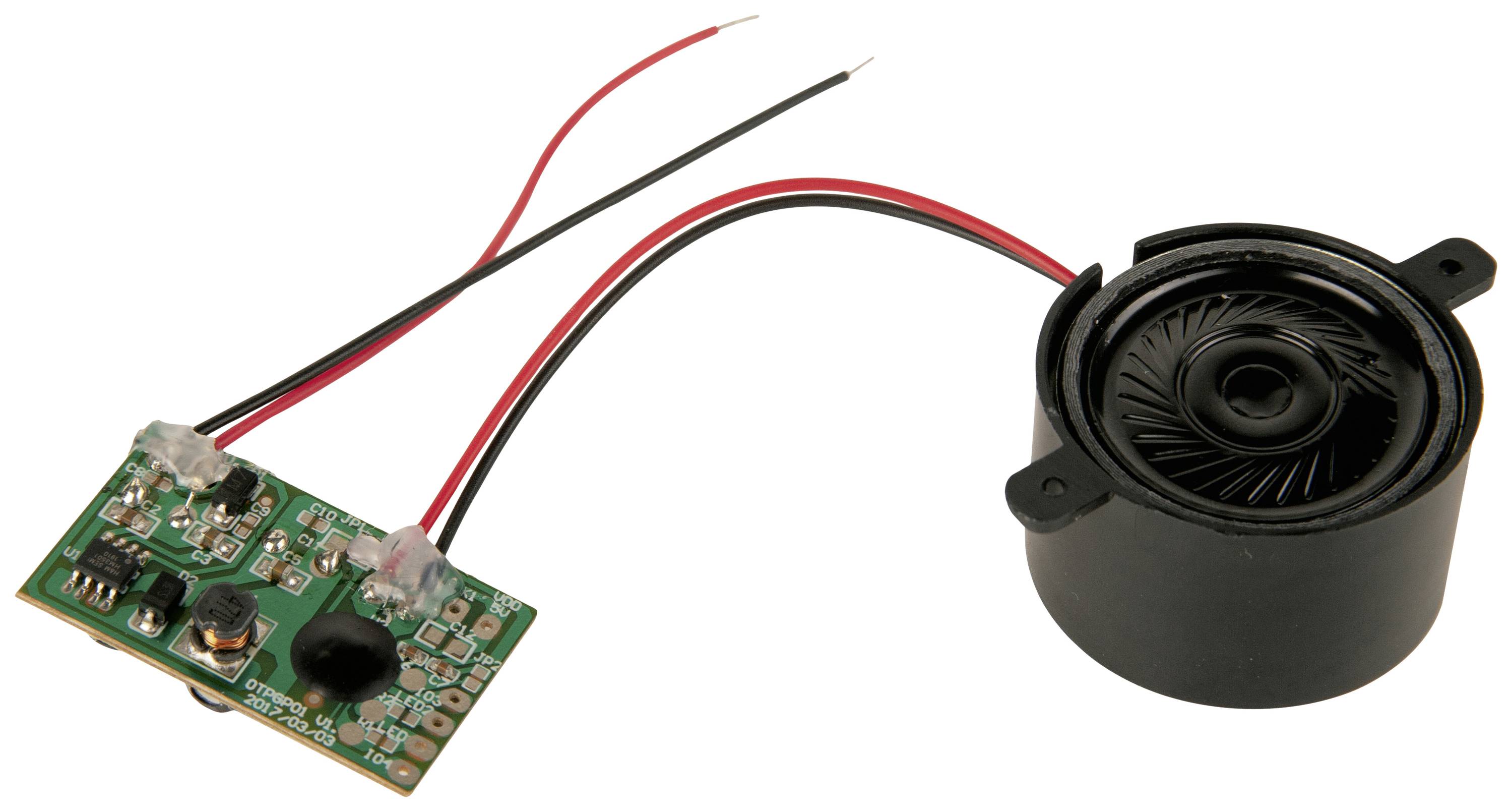 Eine kleine grüne Schaltkreisplatine mit angeschlossenem rundem schwarzen Lautsprecher. Zwei Drähte verbinden die Komponenten.