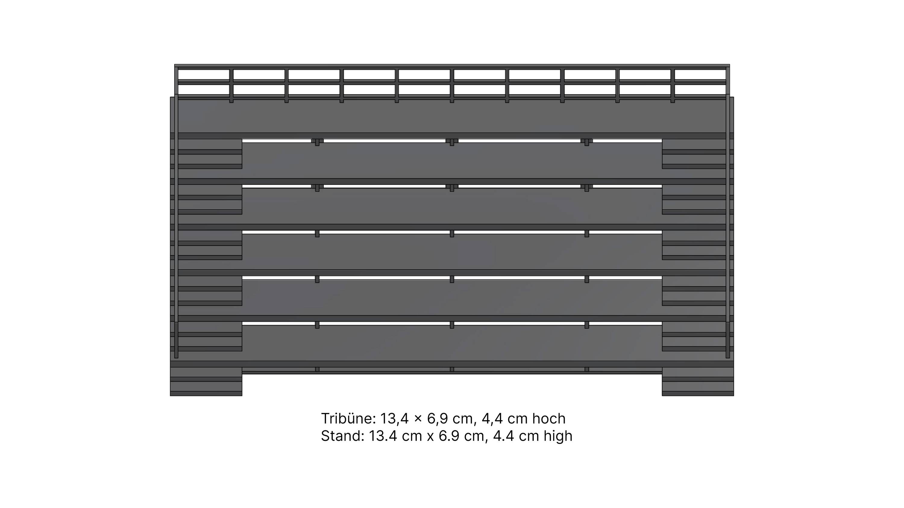 Eine graue Tribüne mit mehreren Stufen. Maße sind angegeben: Tribüne ist 13,4 x 6,9 cm, 4,4 cm hoch. Stand ist 13,4 cm x 6,9 cm, 4,4 cm hoch.
