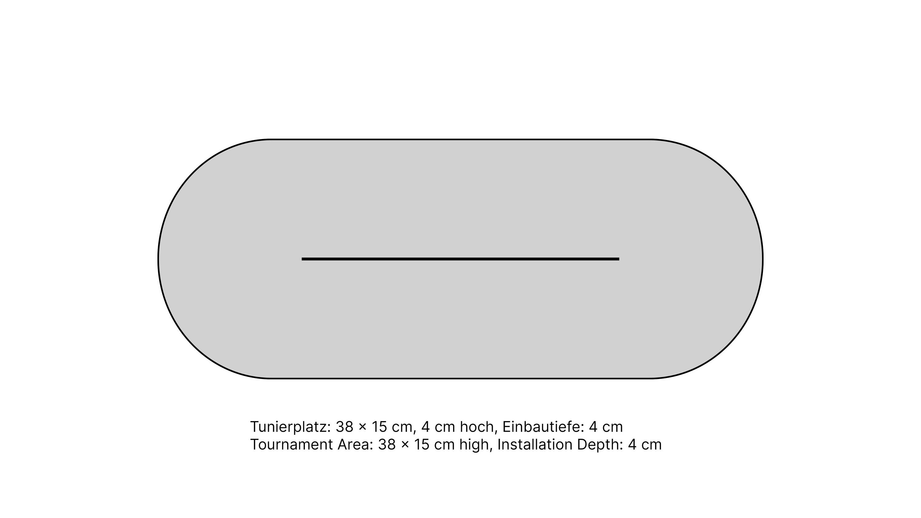'Ovale Einbaufläche, 38 x 15 cm, 4 cm hoch, Einbautiefe 4 cm' Text beschreibt Größe und Einbaumaß einer Fläche.