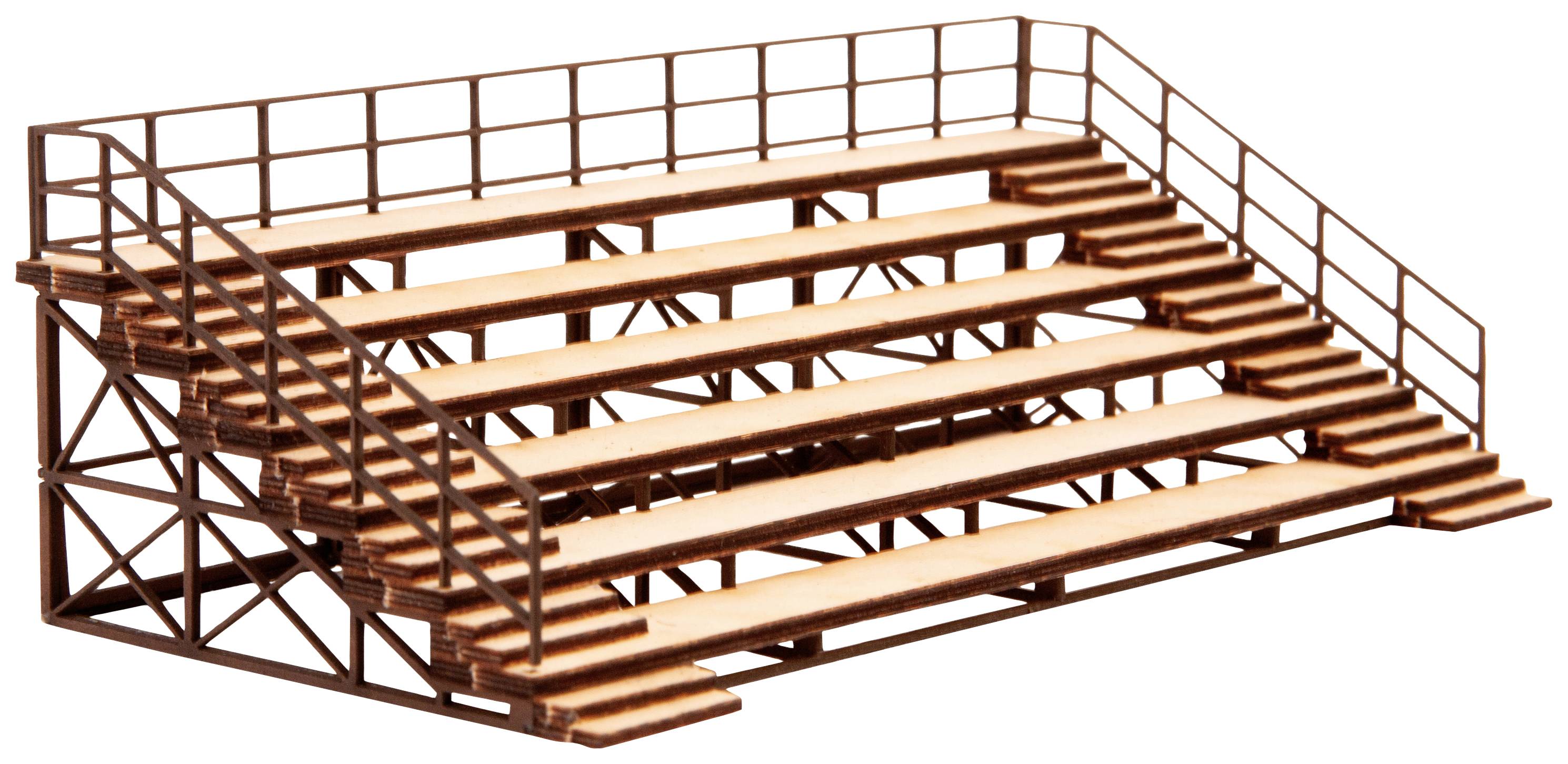 Ein mehrstufiger, brauner Tribünenaufbau mit Geländern; bietet Sitzplätze für Zuschauer bei Veranstaltungen.