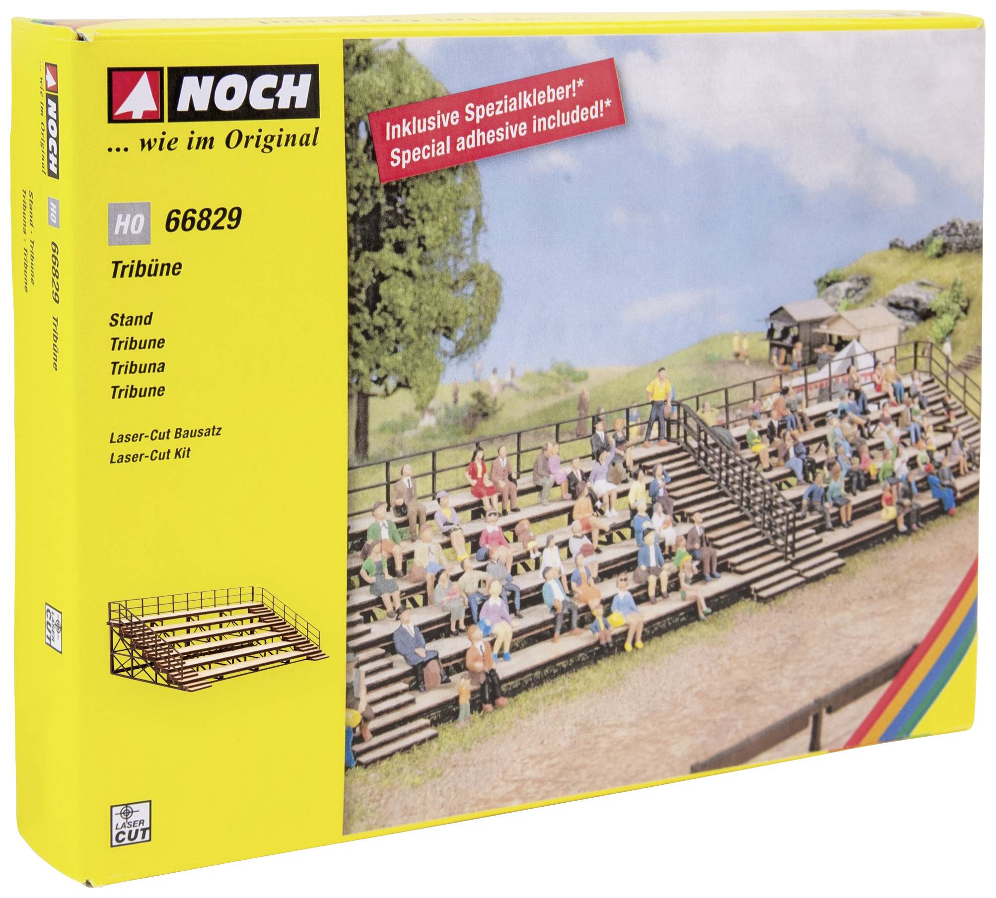 Verpackung des Modellbauartikels 'Tribüne' von NOCH im Maßstab HO. Zeigt abgebildetes Modell einer Zuschauertribüne mit Figuren.
