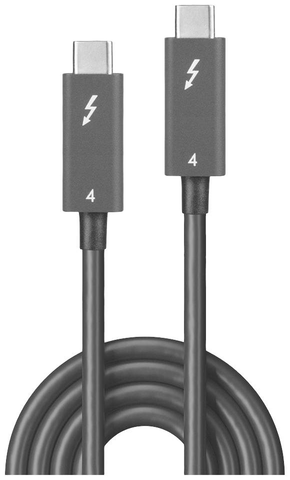 Zwei Thunderbolt 4-Kabel mit Stecker, die mit '4' beschriftet sind, zeigen eine Blitzsymbol auf beiden Steckern.